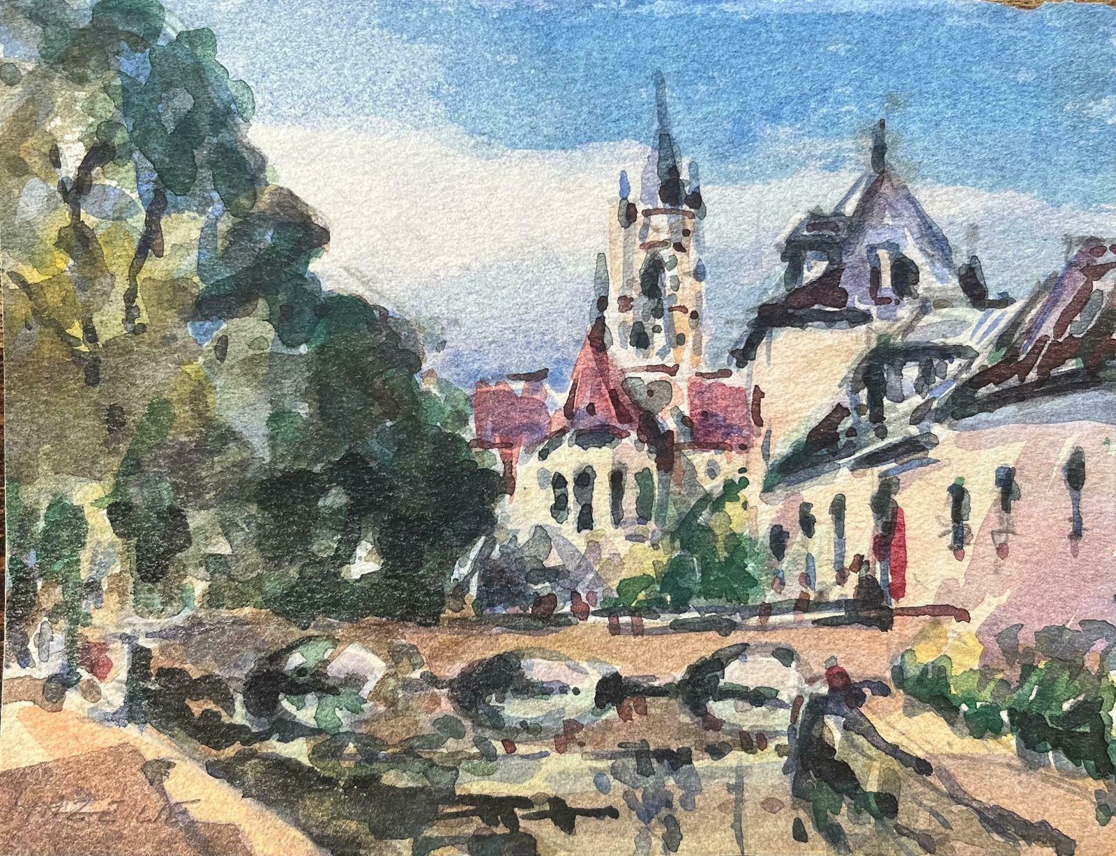 Maurice Mazeiliefrench Impressionist Watercolor Of A Riverside View With Church Tower20th Century