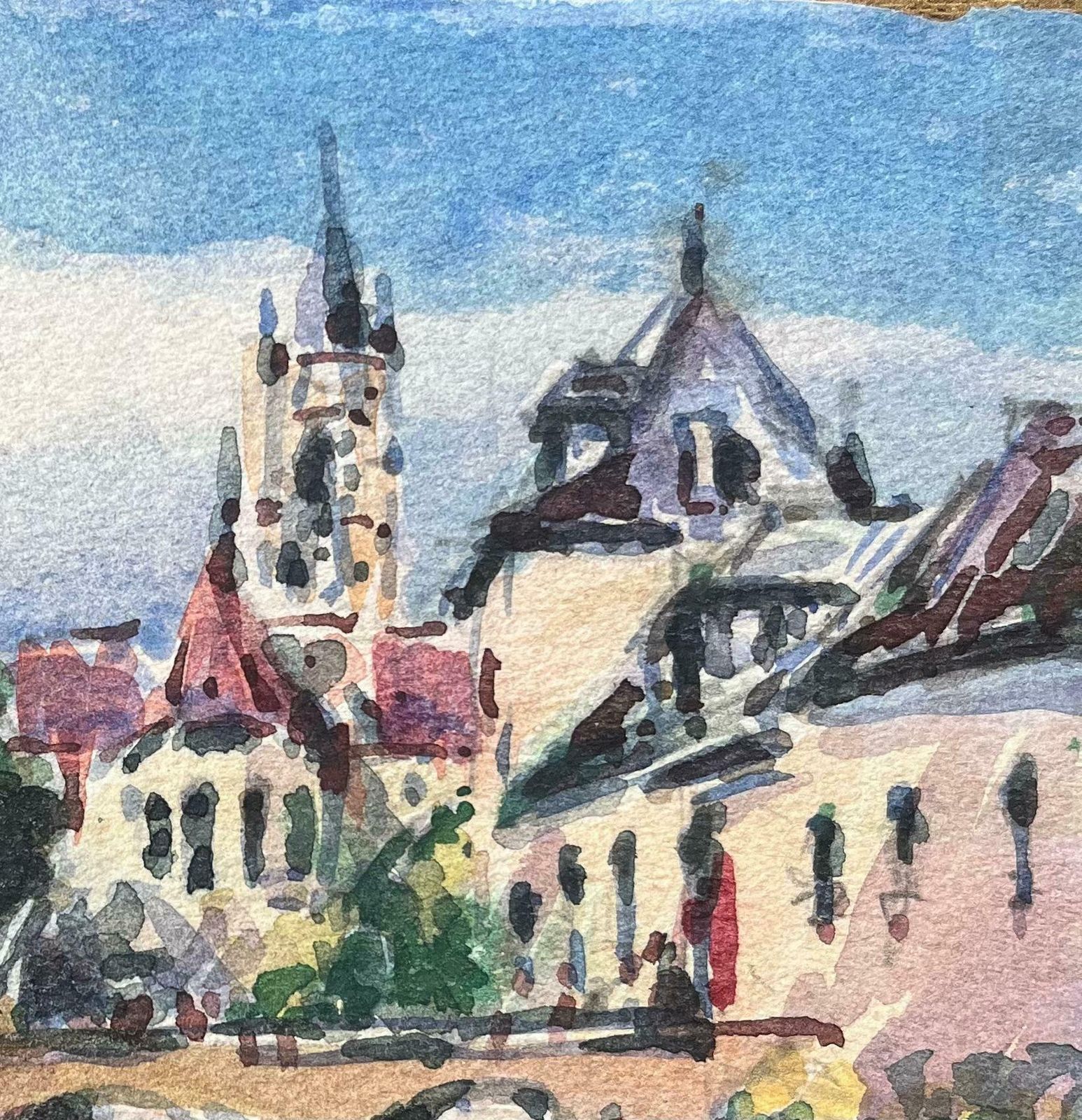 Maurice Mazeiliefrench Impressionist Watercolor Of A Riverside View With Church Tower20th Century photo for sale