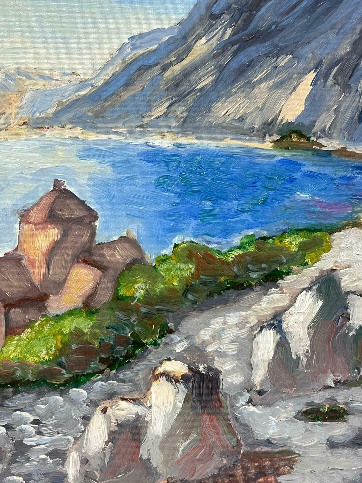 Georges Bordonovecontemporary French Impressionist Oil Church Along The Blue Sea Coast photo for sale