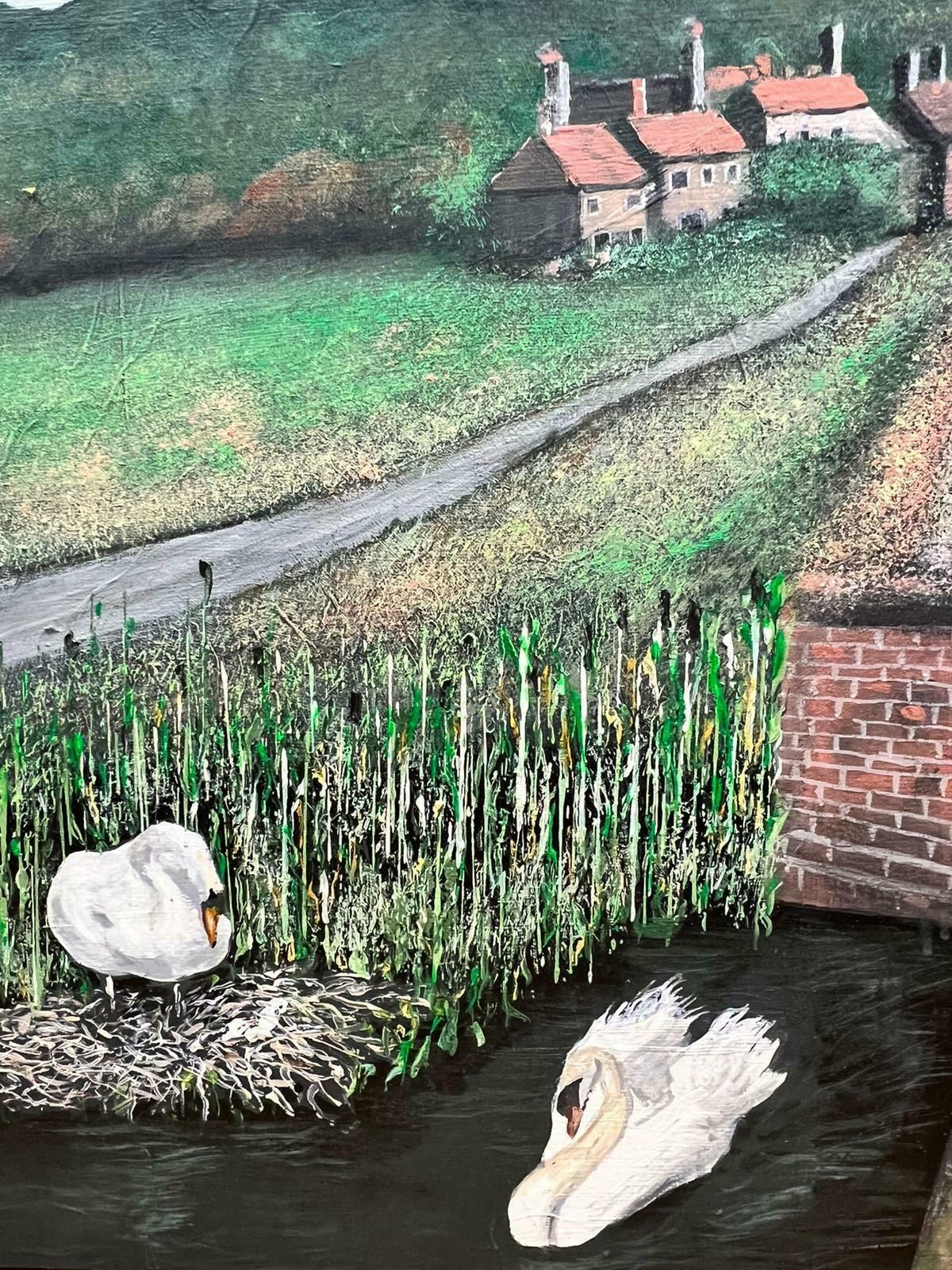 Contemporary British Colourful Modernist British Oil Painting Swans On River Far Reaching Countryside photo furniture