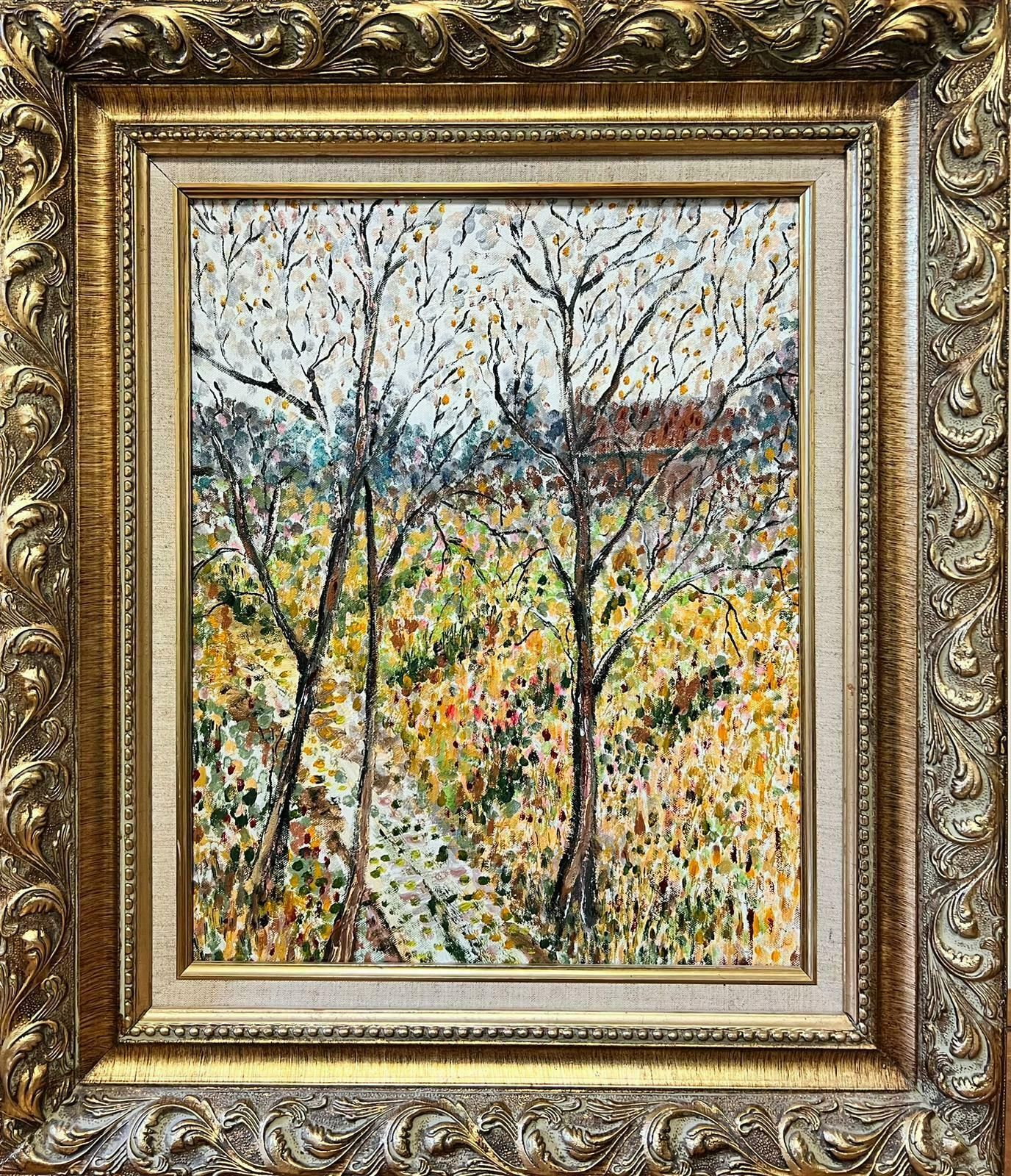 Contemporary British Pointillist Post Impressionist Woodland Landscape Autumn Trees Large Painting photo furniture