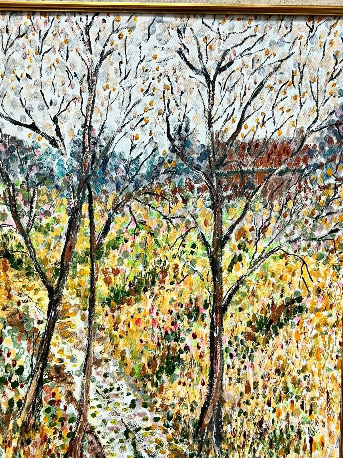 Contemporary British Pointillist Post Impressionist Woodland Landscape Autumn Trees Large Painting photo vinterior
