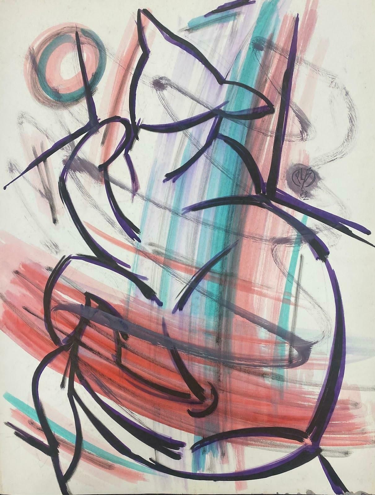 Unknown20th Century French Modernist Gouache Painting Lady In Green Gown Playing Violinc. 1980 photo Art