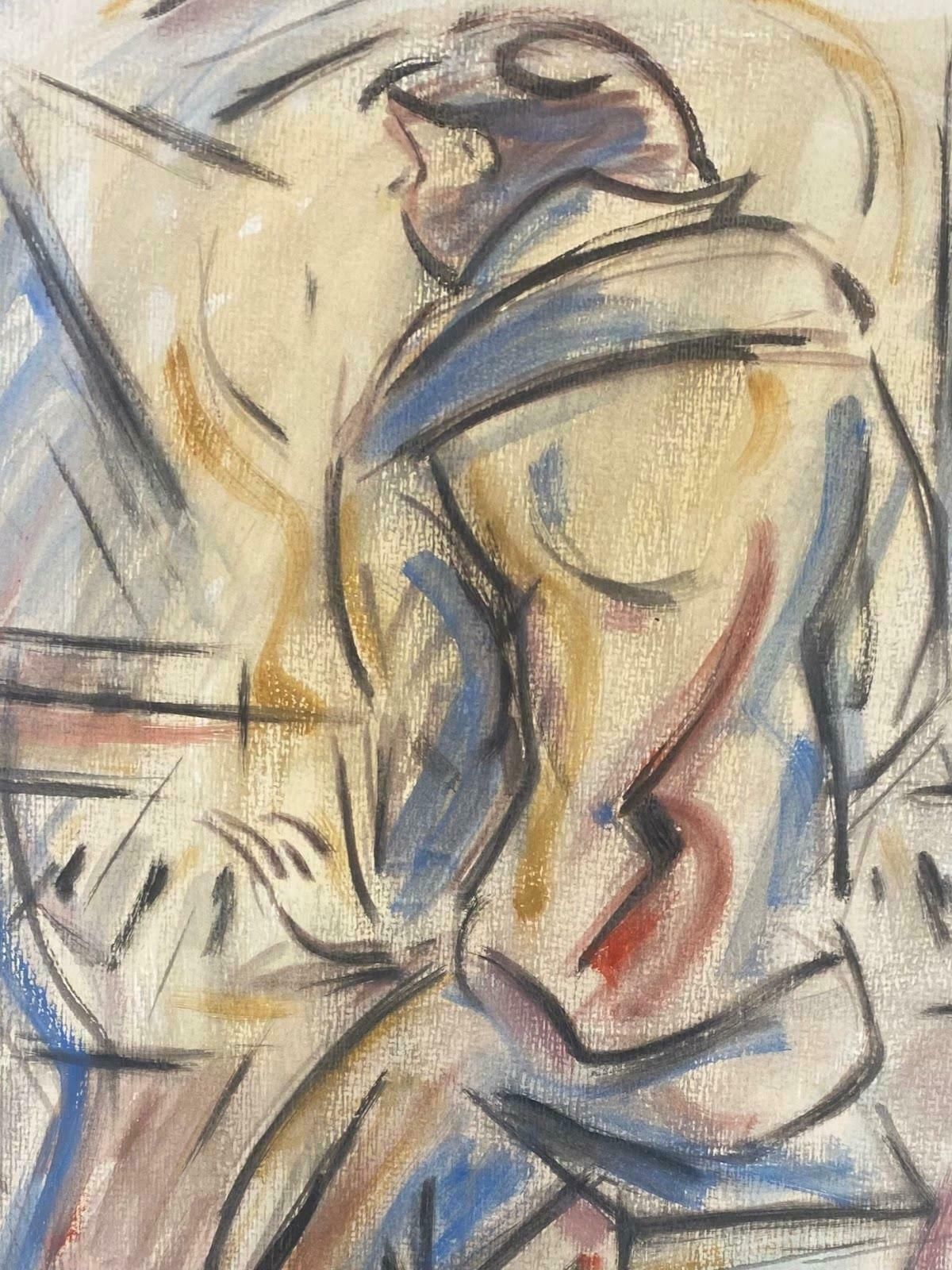 Unknown French Modernist Gouache Painting Multicolor Scene Man Playing Pianoc. 1980 photo furniture