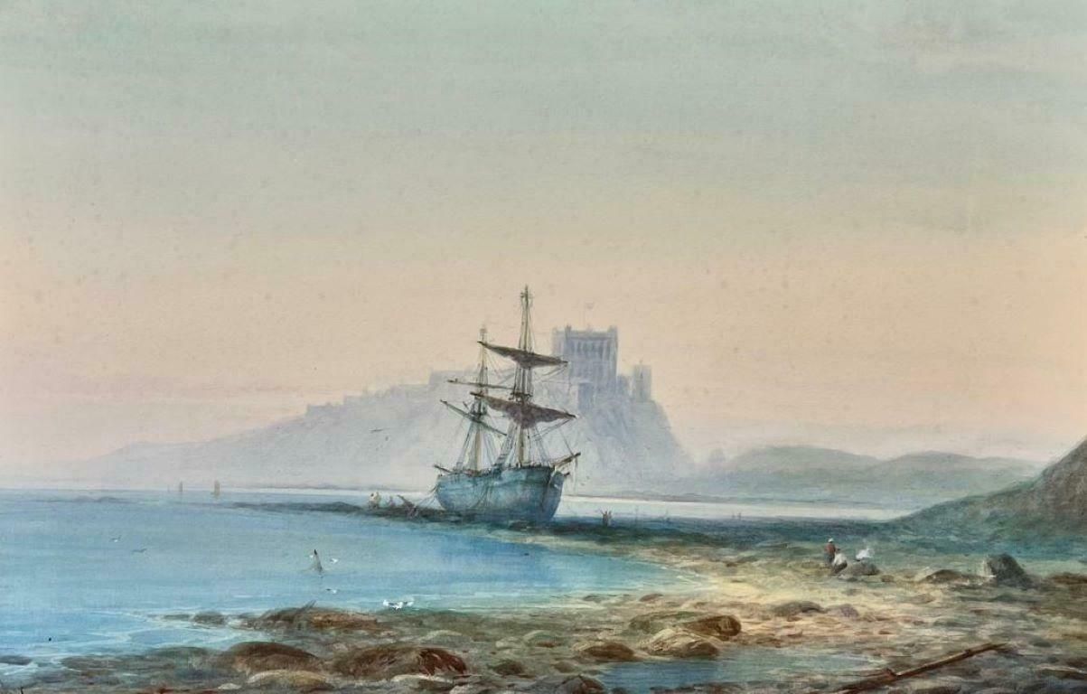 Antique English Marineantique British Marine Painting Classic Tallship Beached On Shore With Castle photo furniture
