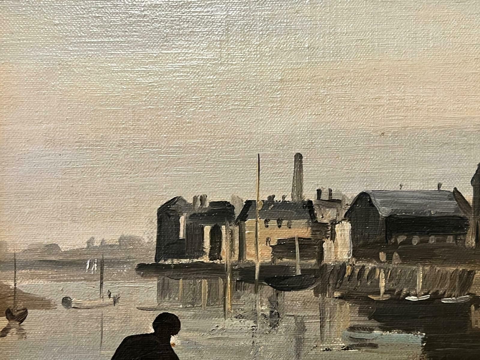 Phillip Hugh Padwickfishermen Attending Nets In Harbour British Oil Painting photo for sale