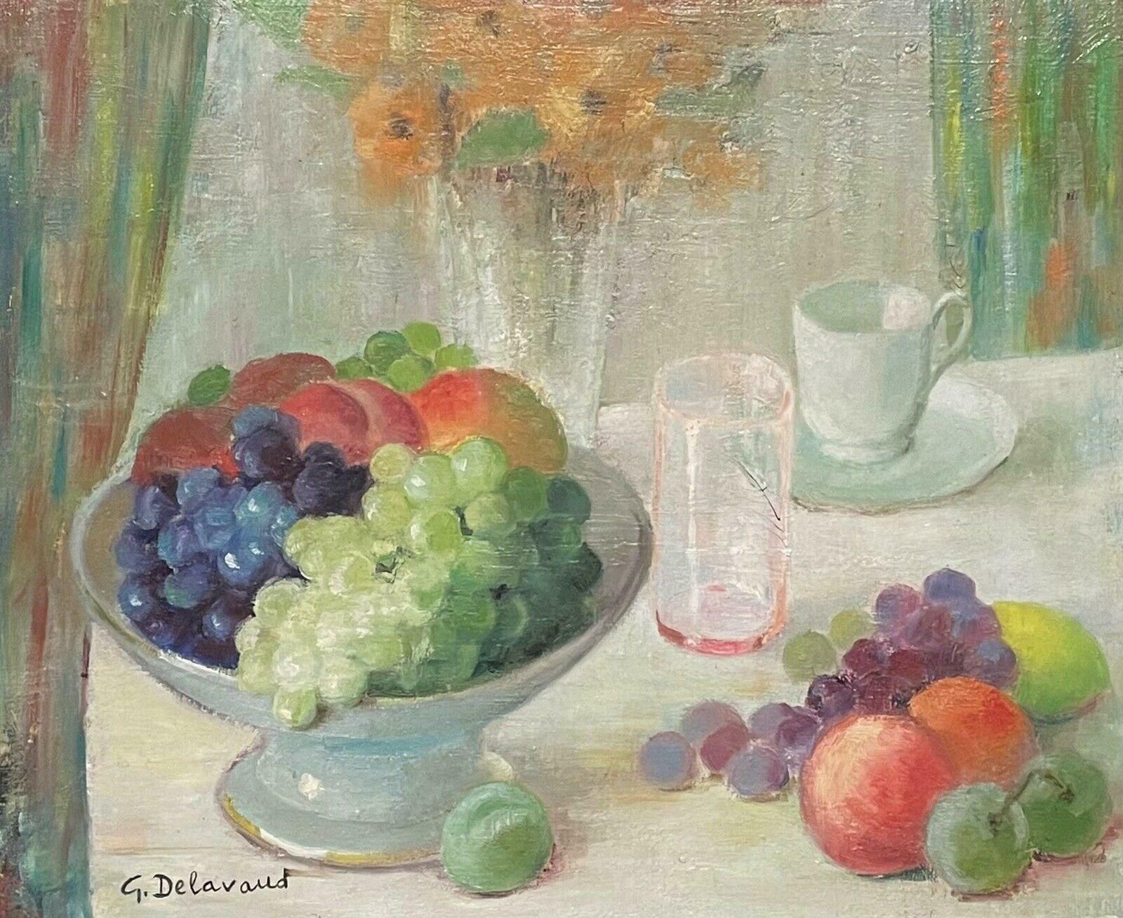 Unknown1960's French Still Life Signed Oil Fruit Bowl On Table Cup & Saucer Framedc. 1960's