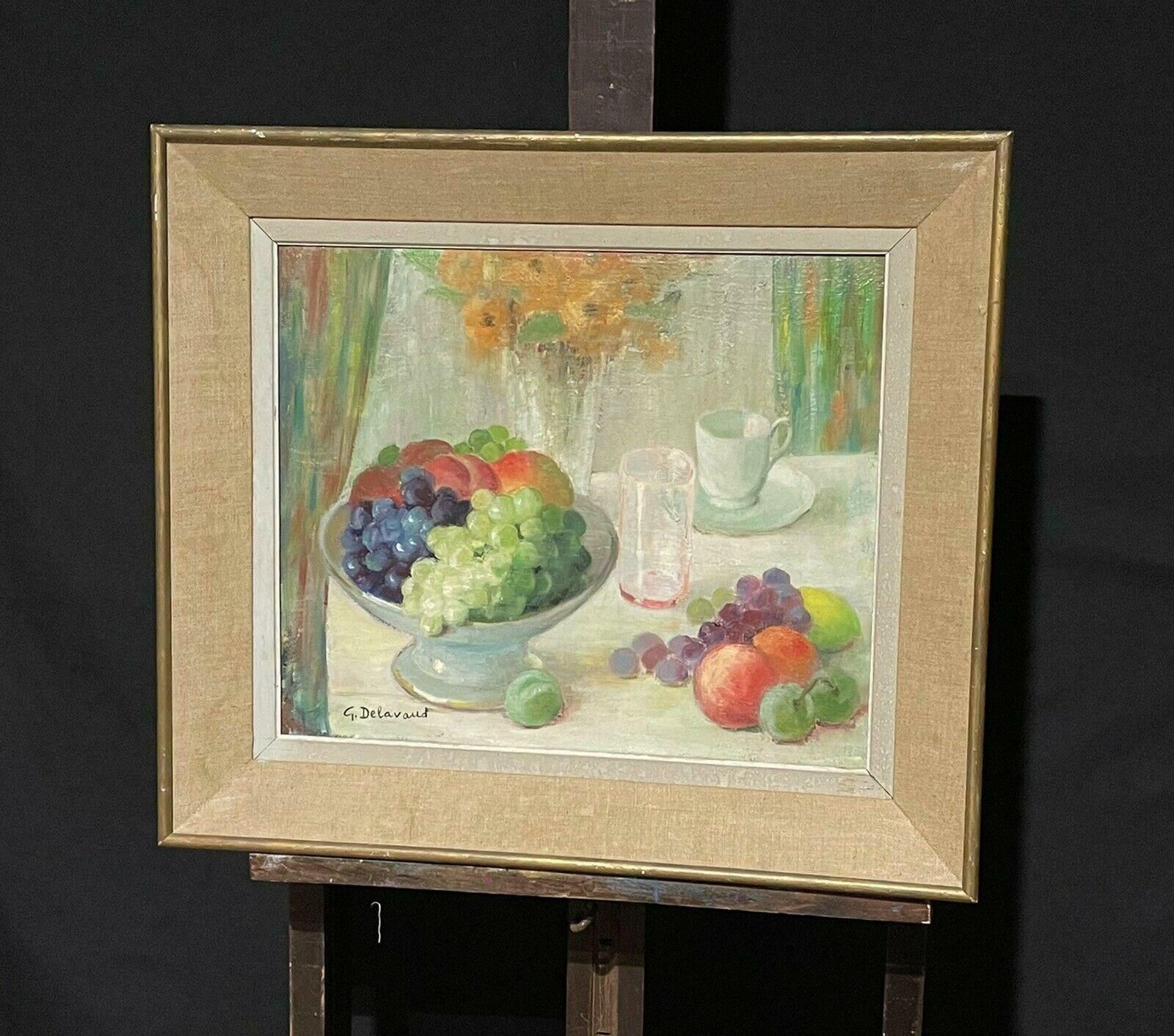 Unknown1960's French Still Life Signed Oil Fruit Bowl On Table Cup & Saucer Framedc. 1960's photo for sale
