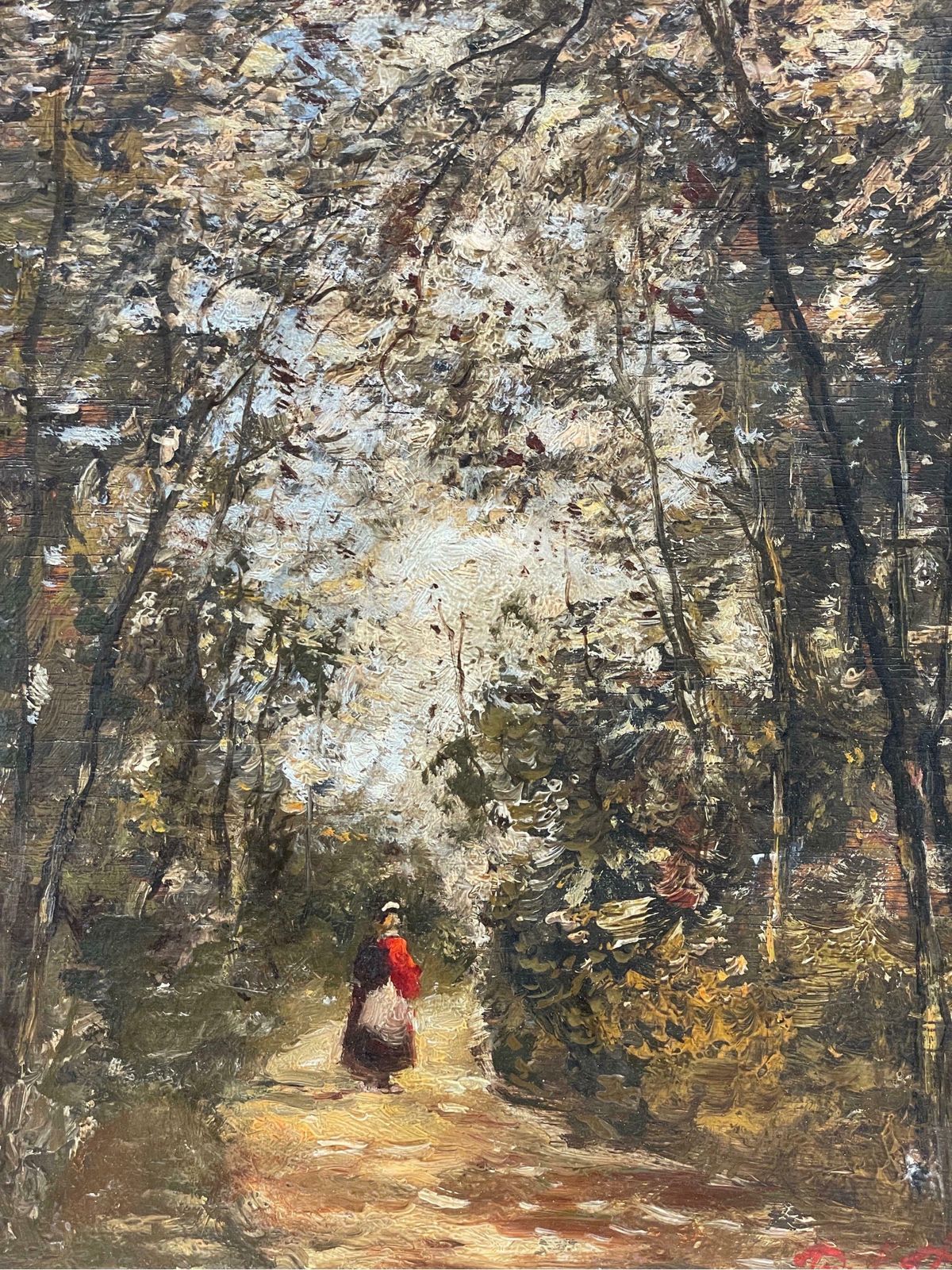 Paul Flaubertfine French Impressionist Oil Painting Lady Walking Woodland Path Dappled Light photo furniture