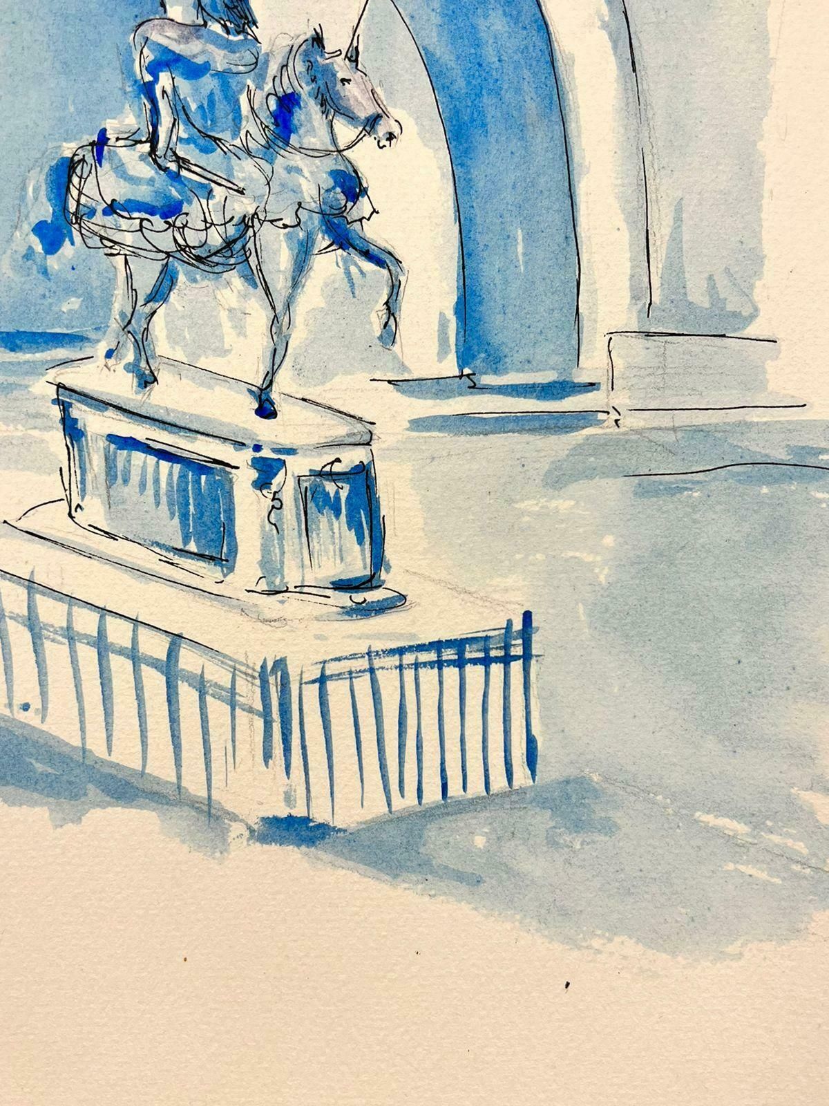 Bernard Labbe1950's Modernist/ Cubist Painting   Blue Watercolor Knight And Horse Statue1950's photo 562.0