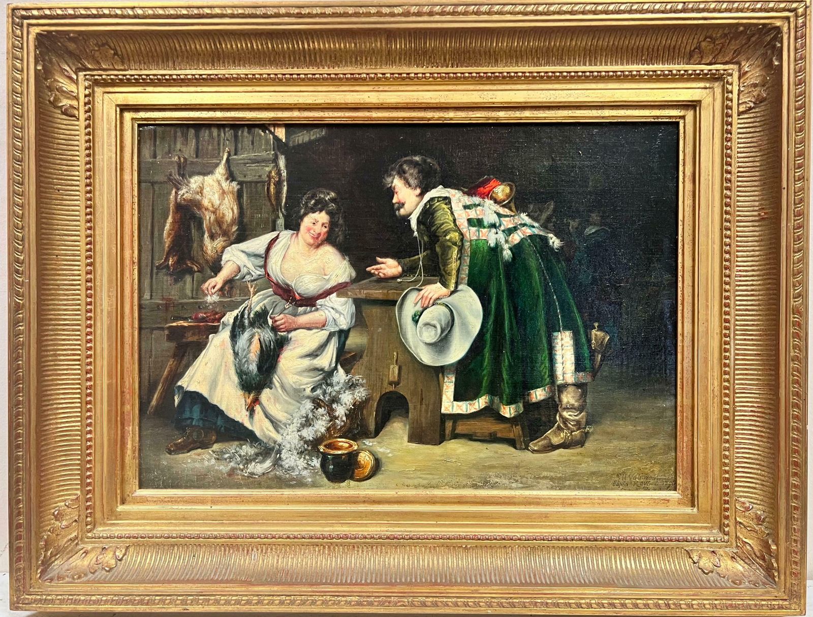 French Schoolantique Signed Oil Tavern Cook Plucking Bird Flirting With Cavalier, Gilt Frame1890's