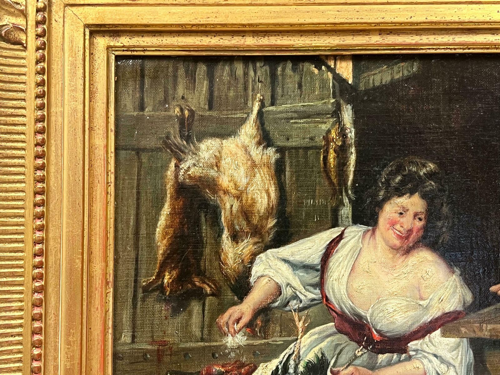 French Schoolantique Signed Oil Tavern Cook Plucking Bird Flirting With Cavalier, Gilt Frame1890's photo Art