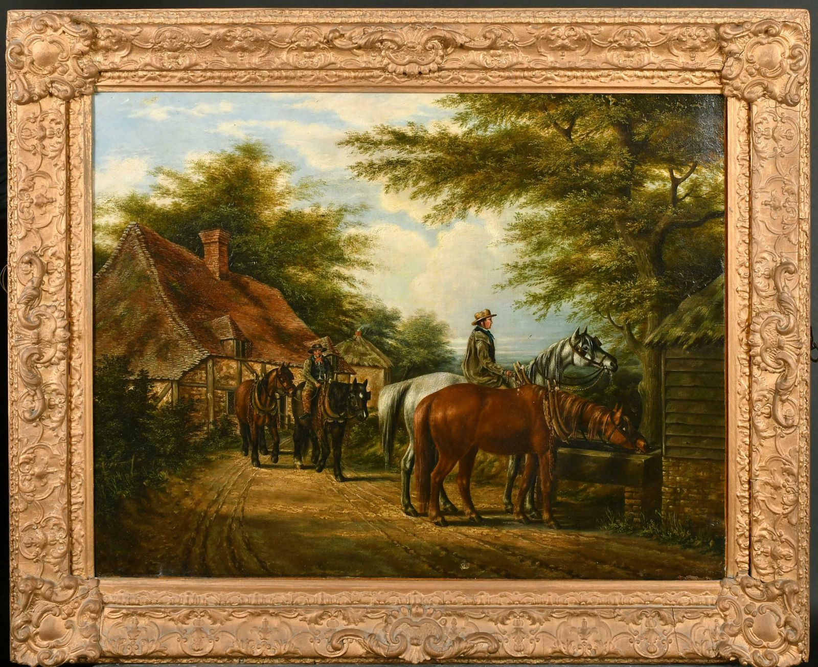 Victorian British Oil Horses Drinking Water Trough In Village Rural Country Lane photo furniture