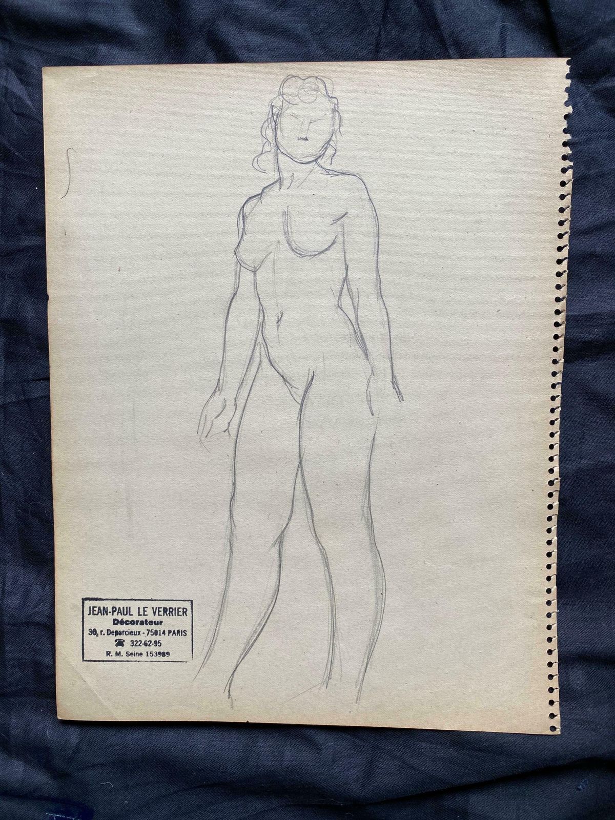 Jean Paul Le Verriermid 20th Century French Original Line Drawing Sketch Nude Lady   Stamped photo furniture