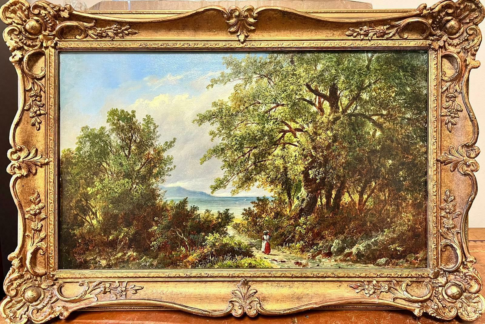 C. Wardfine Victorian 1870’s English Oil Painting Lady Walking On Country Path Framed