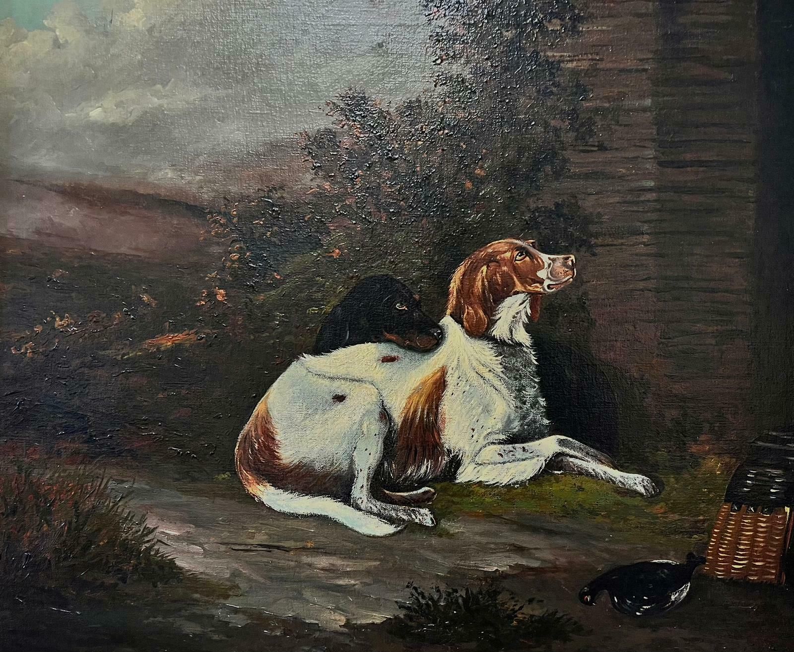 English Sporting Artwaiting For The Master Two Hunting Dogs Outside Gamekeepers Cottage Oil Painting