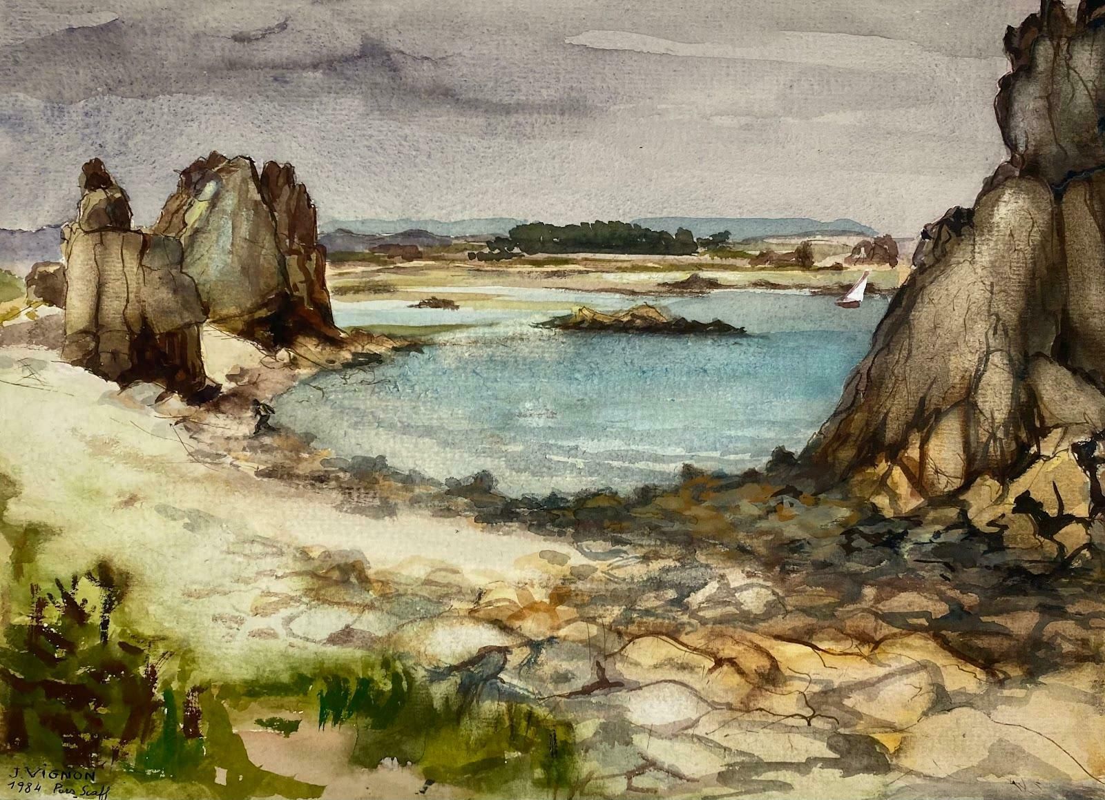 Josine Vignonpost Impressionist Watercolour Painting Beautiful Scene Of Pors Scaff, Brittanyc.1984