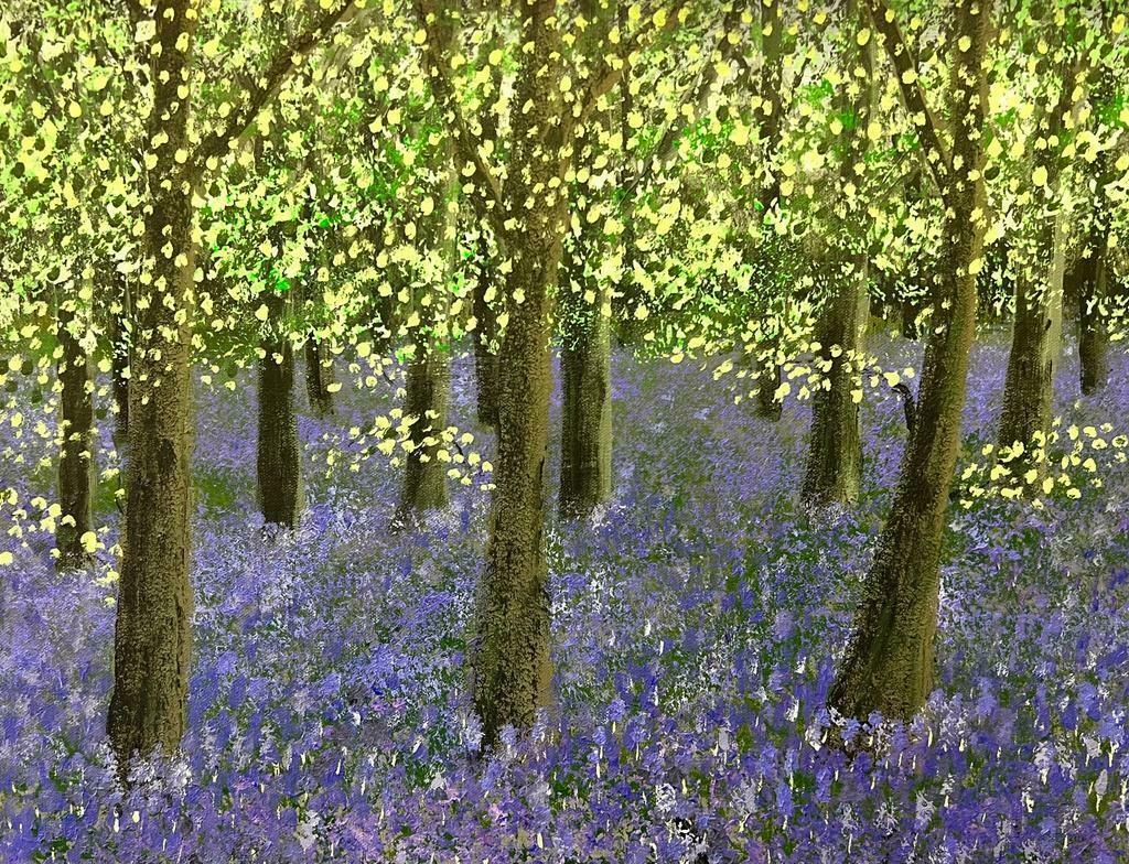 Contemporary British Colourful Modern British Blue Bell Forest Landscape Symbolist Painting photo furniture