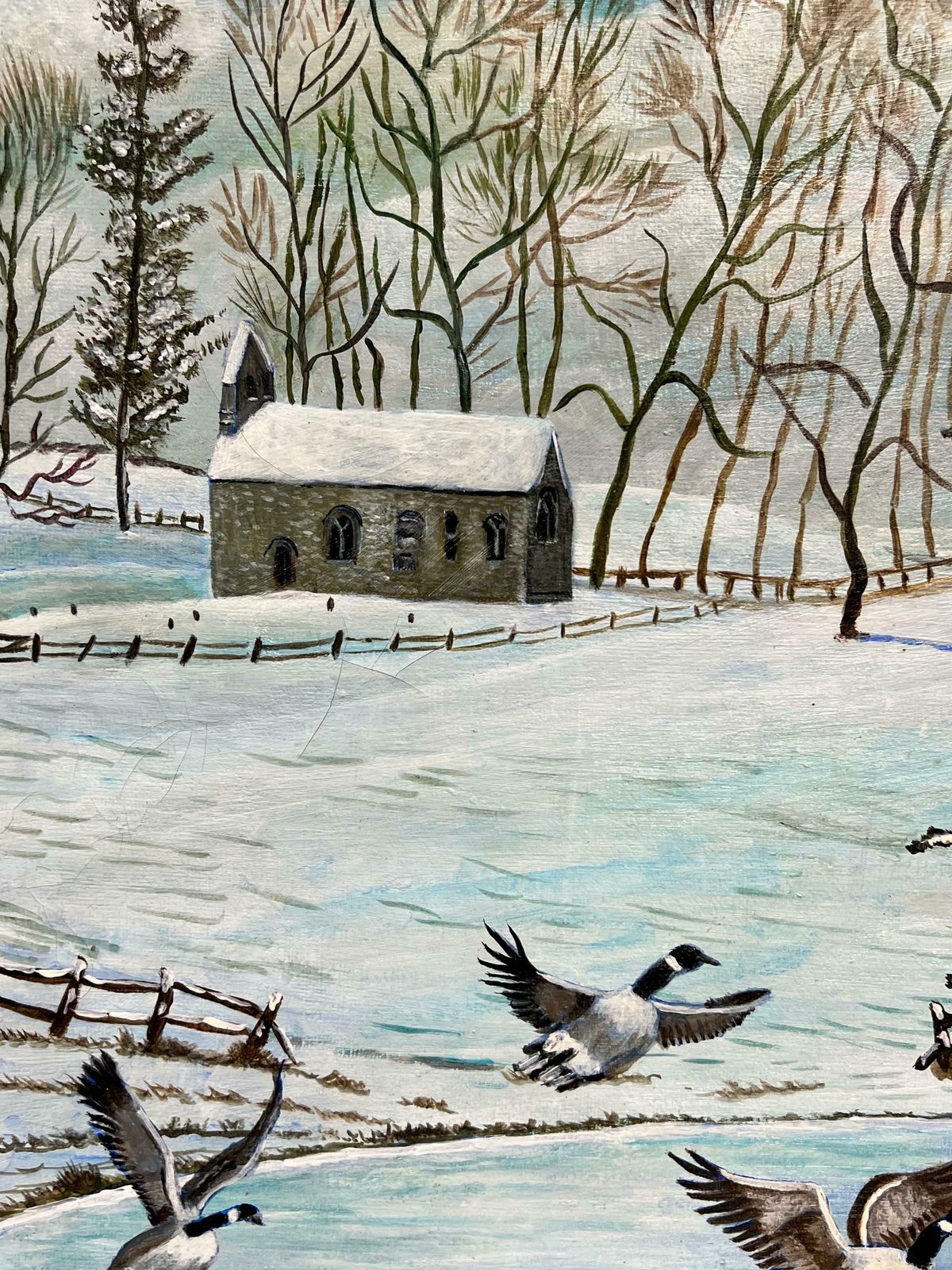 Ben Powellbritish Modern Oil Painting Geese In Winter Landscape On Frozen Lake photo furniture