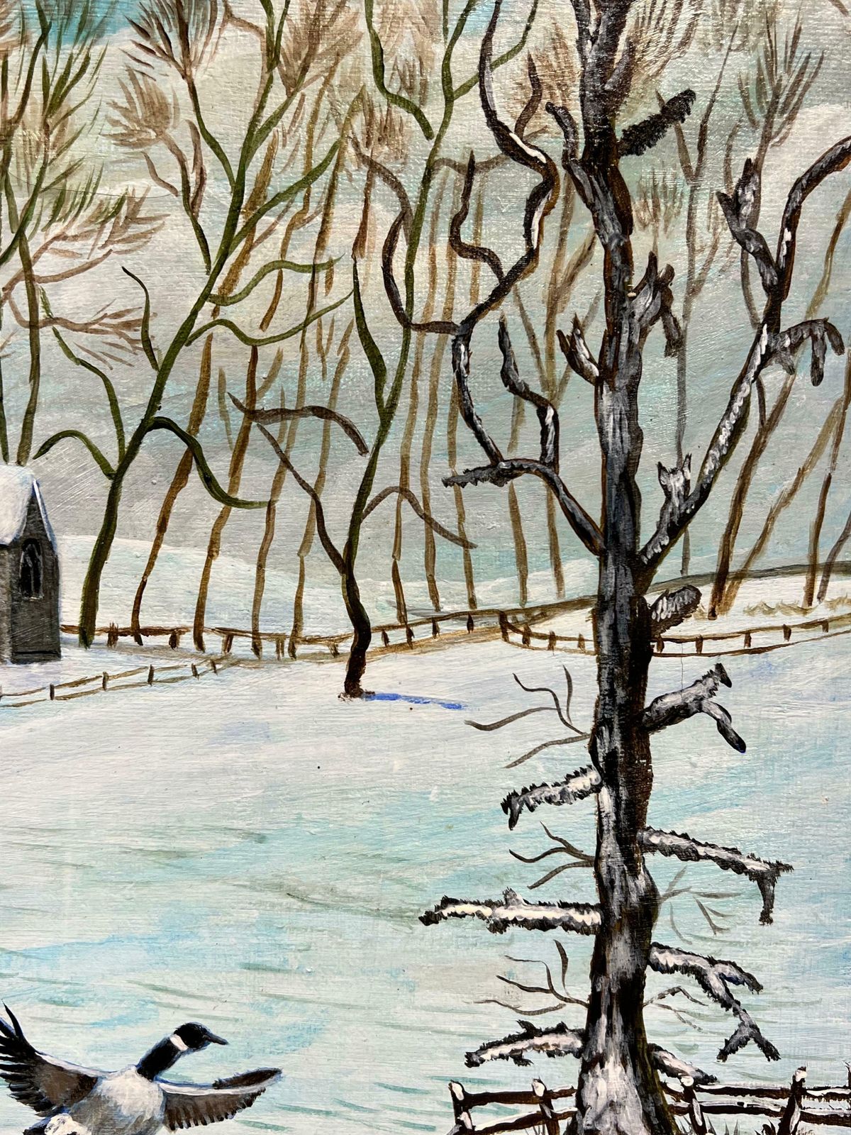 Ben Powellbritish Modern Oil Painting Geese In Winter Landscape On Frozen Lake photo Art