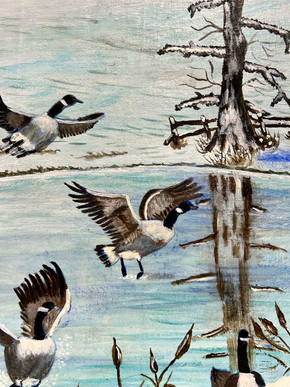 Ben Powellbritish Modern Oil Painting Geese In Winter Landscape On Frozen Lake photo 814.0