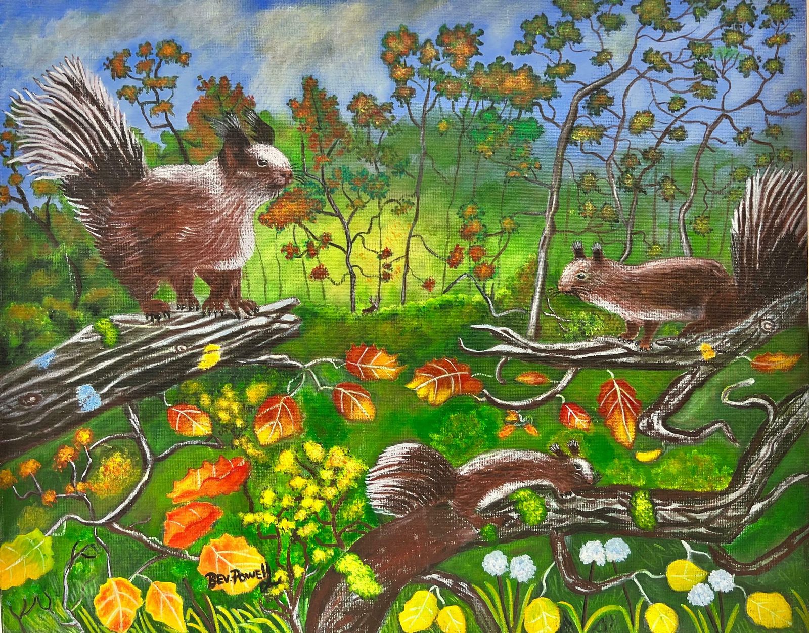 Ben Powellsquirrels In Autumn Landscape Modern British Painting