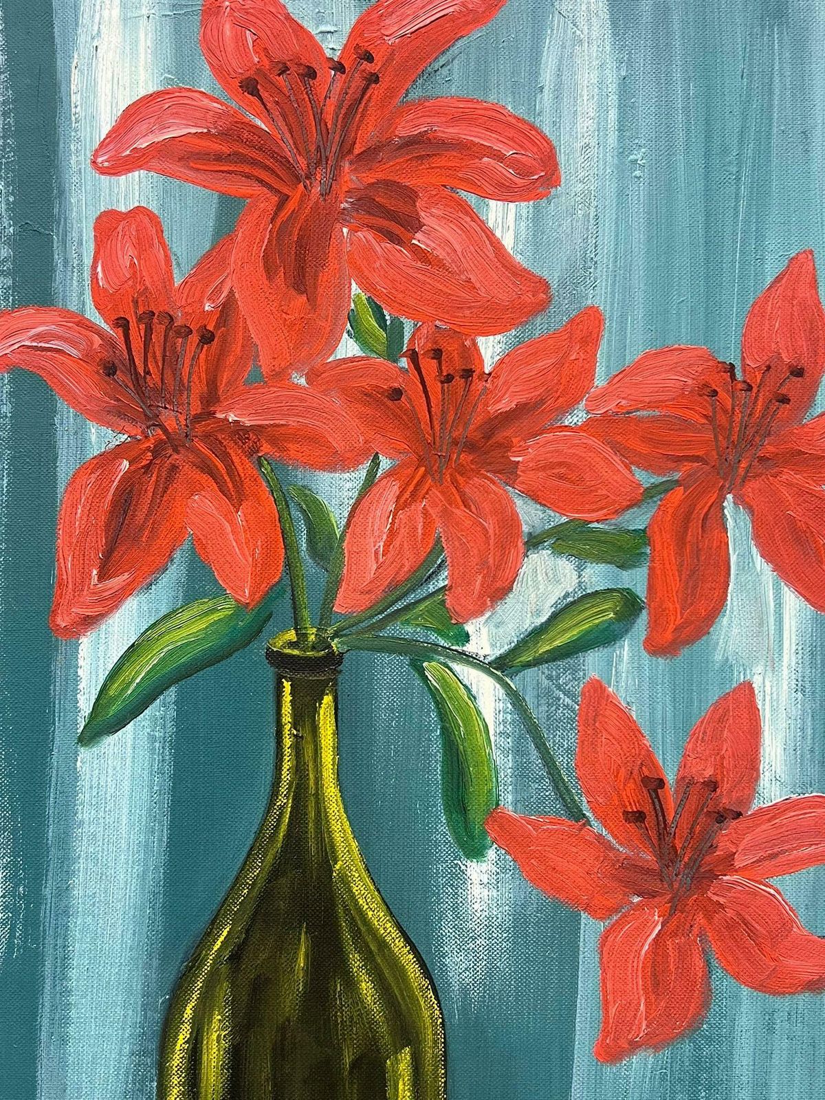 Louise Alixmid 20th Century French Oil Painting Red Lilies In Green Glass Bottle Interior 1940's photo for sale