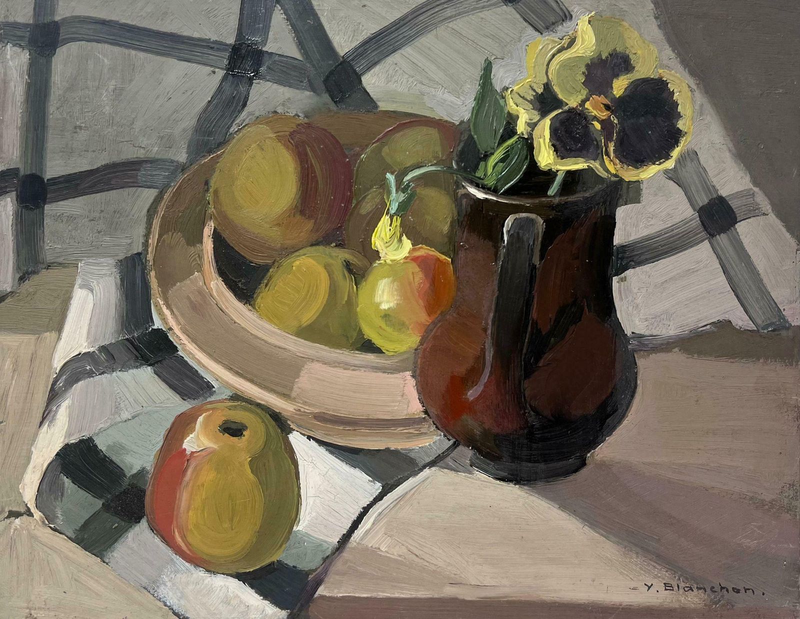 Y. Blanchon1930's French Impressionist Table Kitchen Table Interior Apples And Brown Jug 1930's