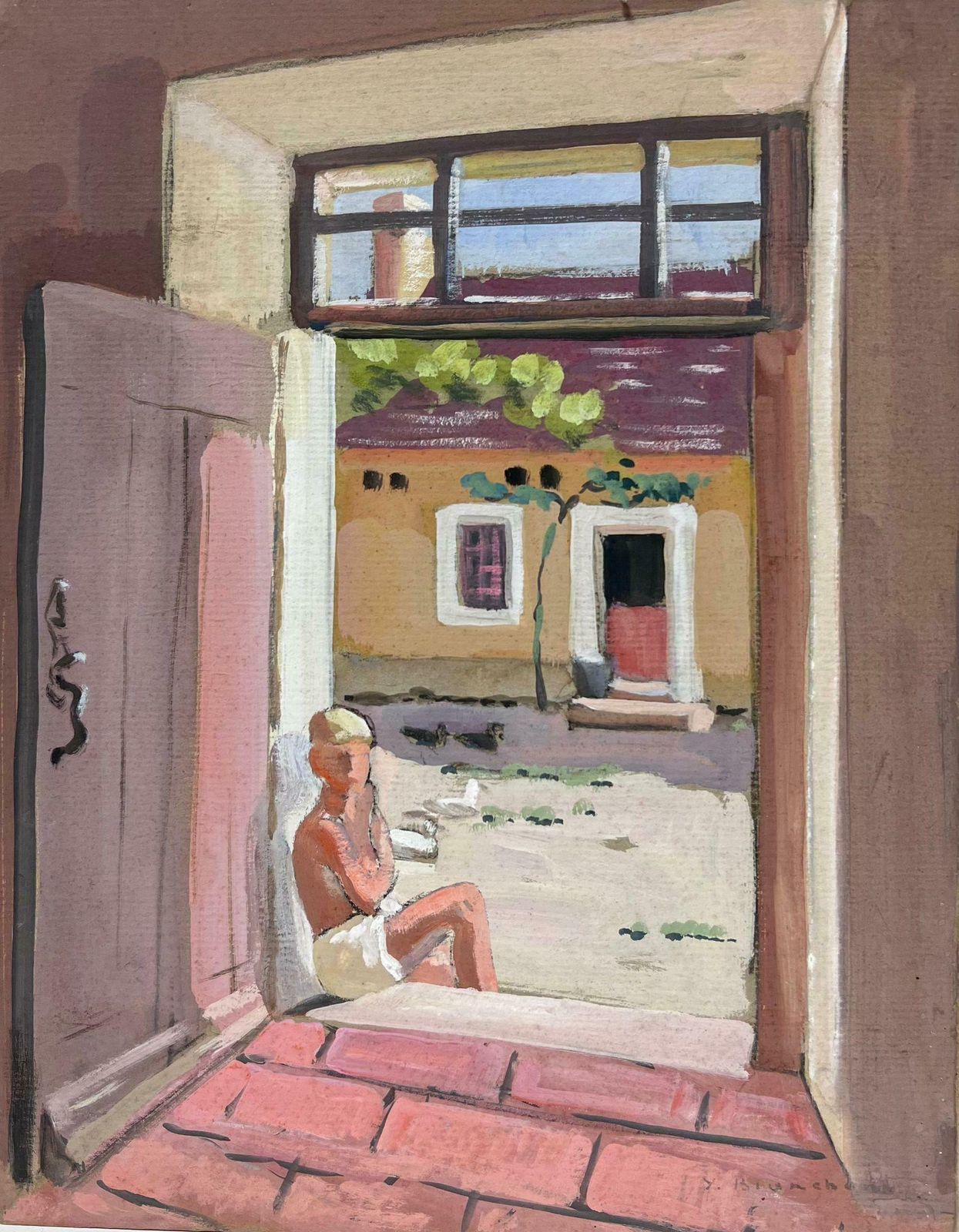 Y. Blanchon1930's French Impressionist Man Sat In Pink Stone House Door Frame 1930's photo Art