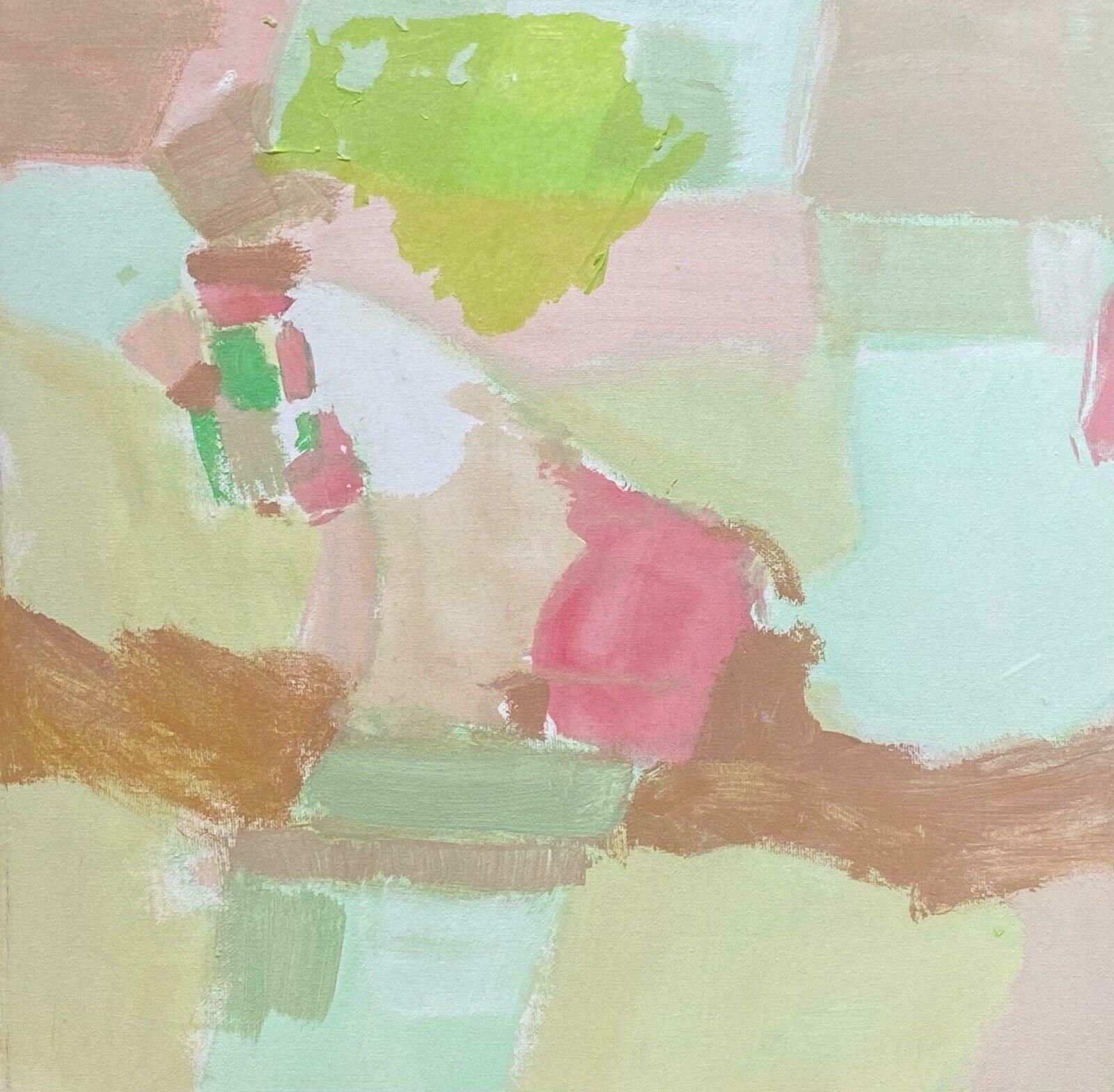 R.Leroypastel Pinks & Green Colors   French Contemporary Abstract Cubist Painting2000's