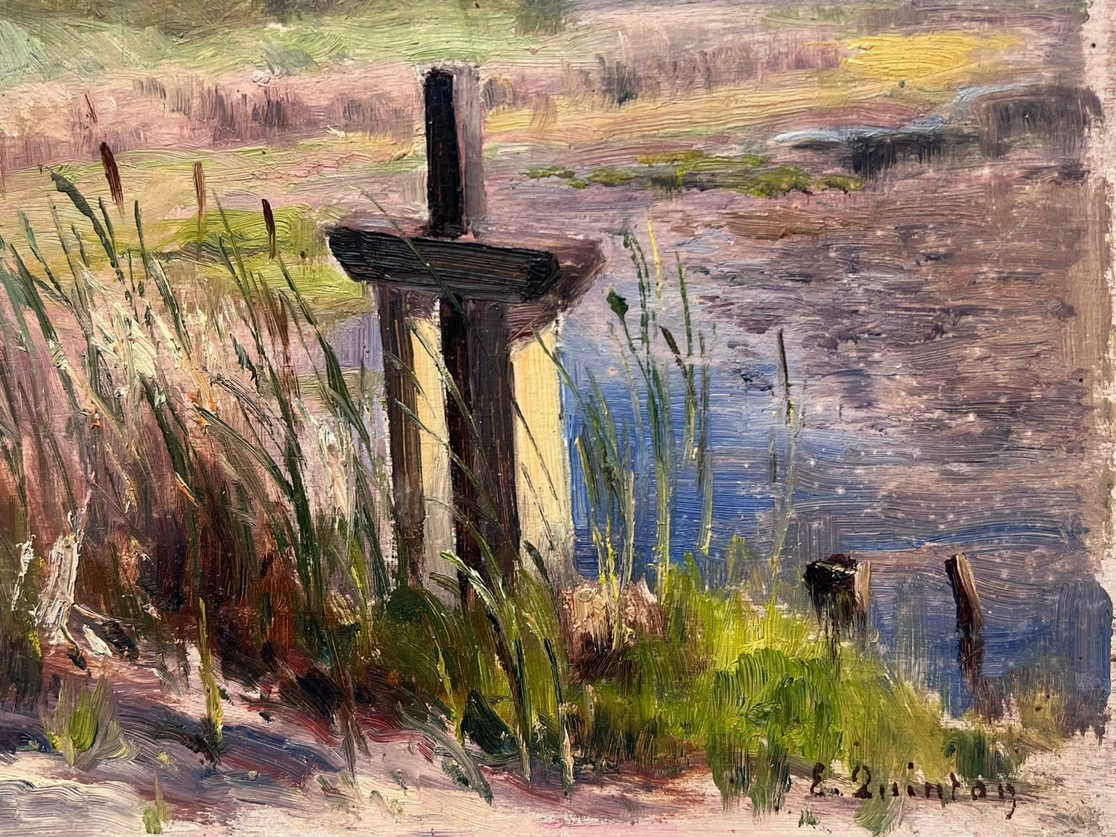 Edmond Quinton1930's French Impressionist Signed Oil Painting Cross Mile Stone By Lake1930's photo for sale