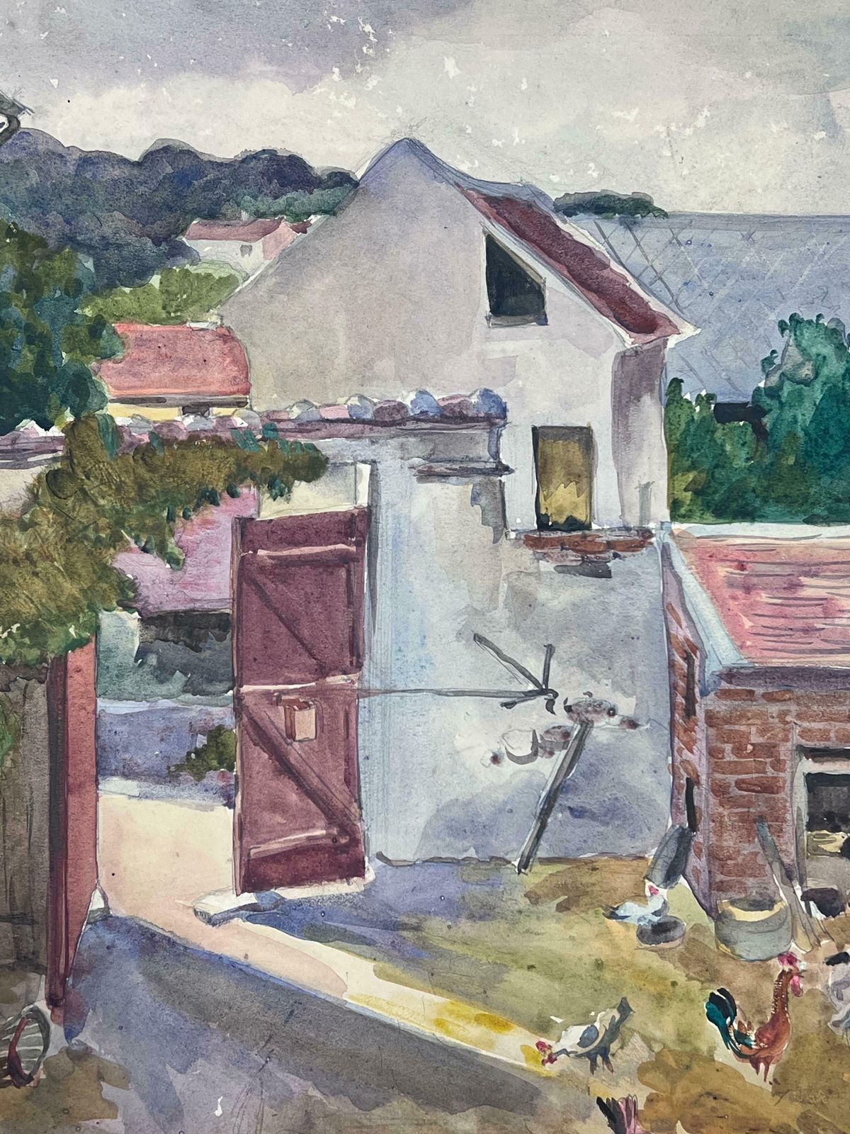 Y. Blanchon1930's Watercolour French Landscape Chickens In Farmyard1930's photo 3002.0