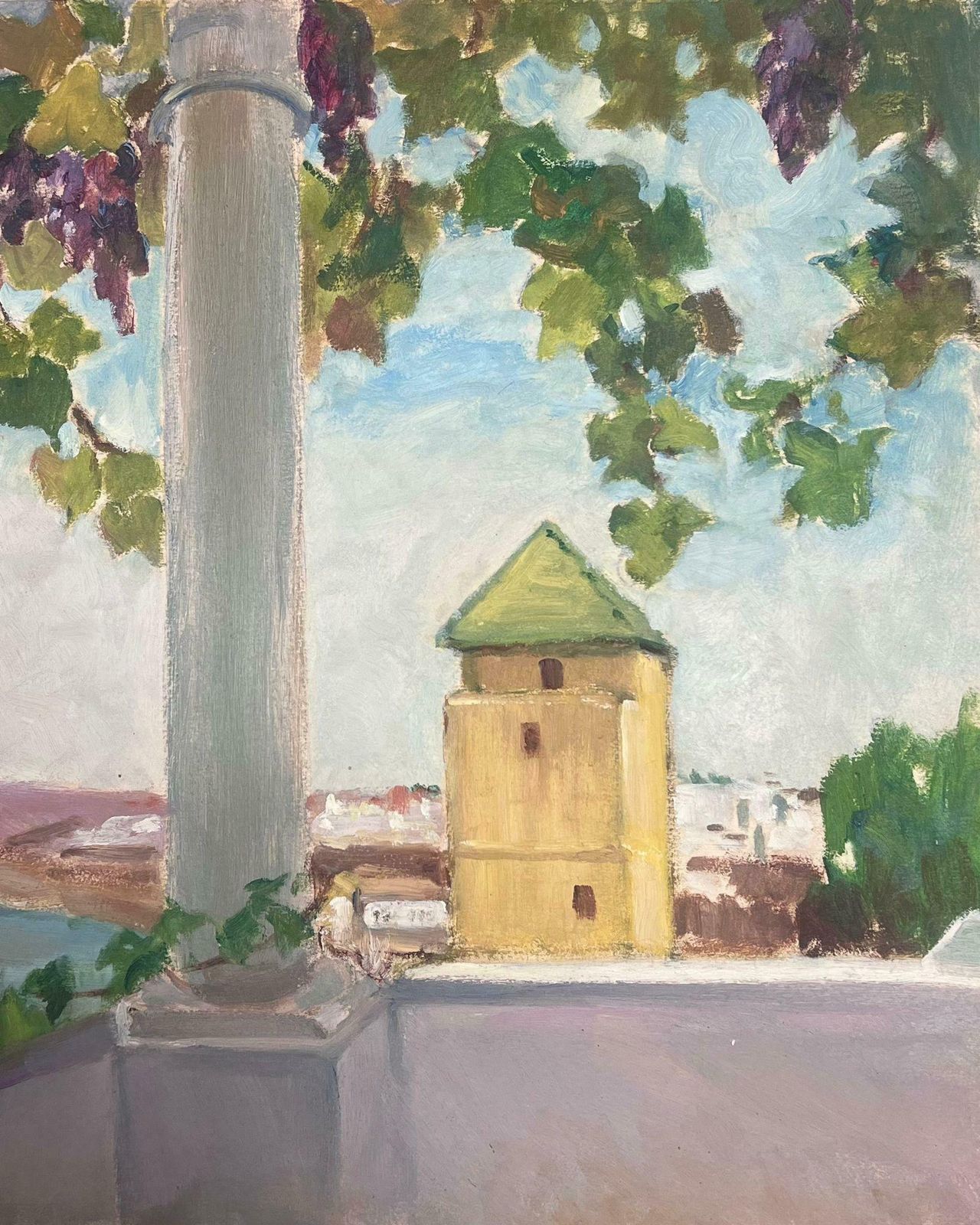 Y. Blanchon1930's Gouache French Grape Vine Over Balcony Over Looking Beige Stone Tower1930's