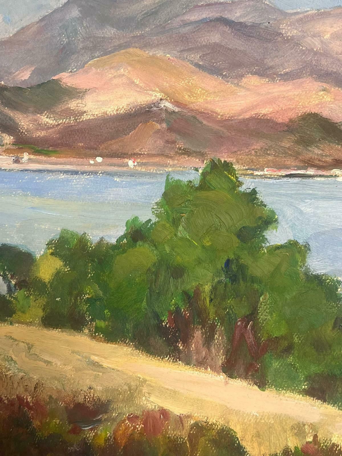 Louise Alix1930's French Oil Painting Purple Mountains Over Blue Sea Landscape 1930's photo for sale