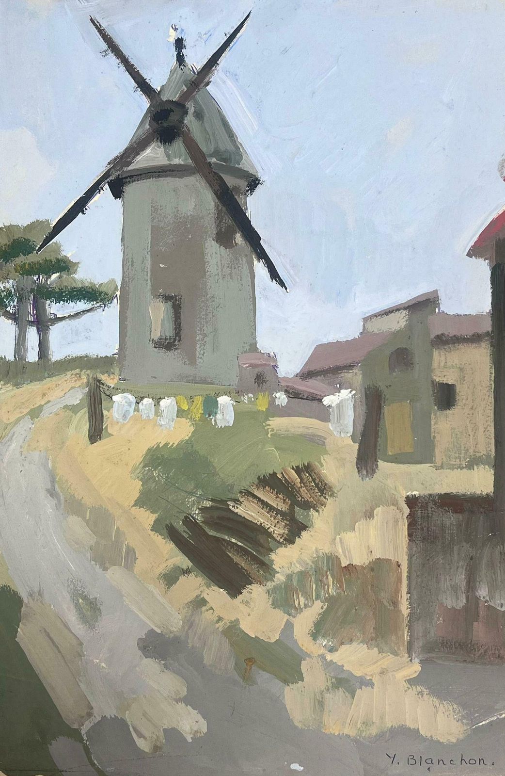Y. Blanchon1930's French Gouache Landscape Grey Windmill Up The Track 1930's