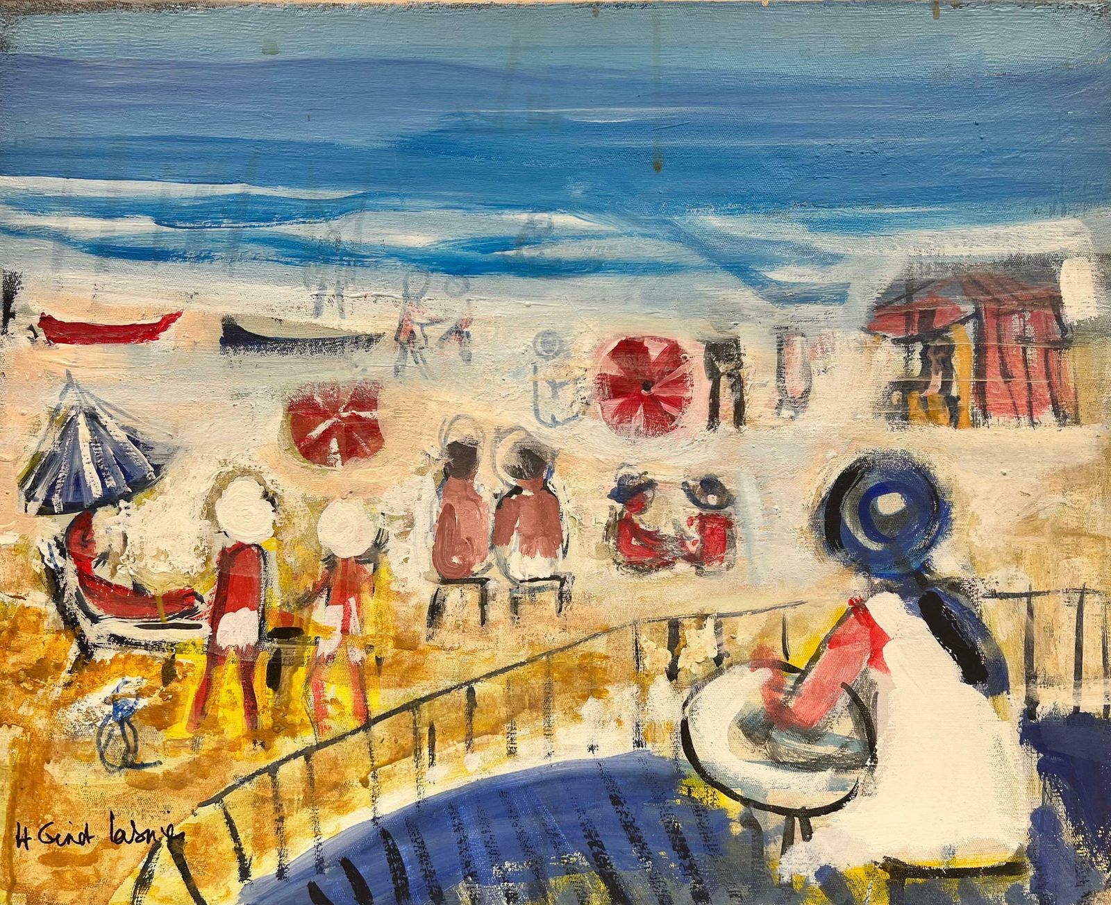 Huguette Ginet Lasnier Busy Beach Summer With Figures On Sand Contemporary French Modernist Oil C. 2000's