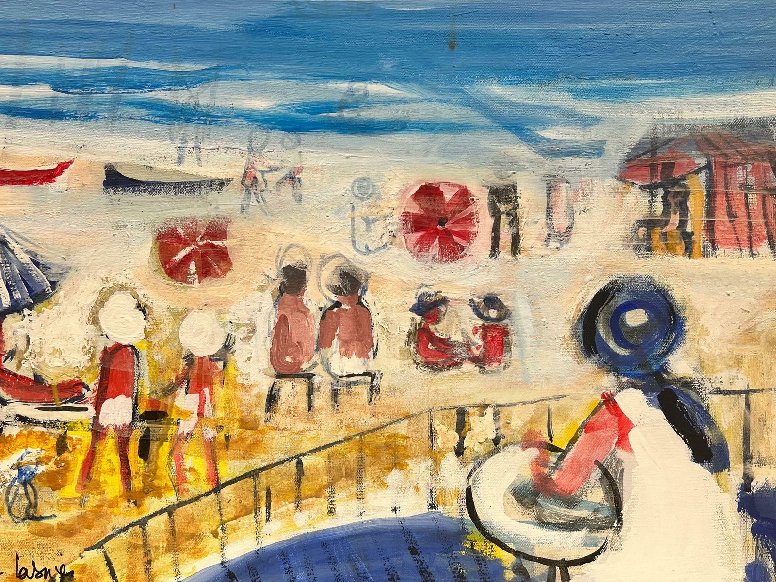 Huguette Ginet Lasnier Busy Beach Summer With Figures On Sand Contemporary French Modernist Oil C. 2000's photo furniture