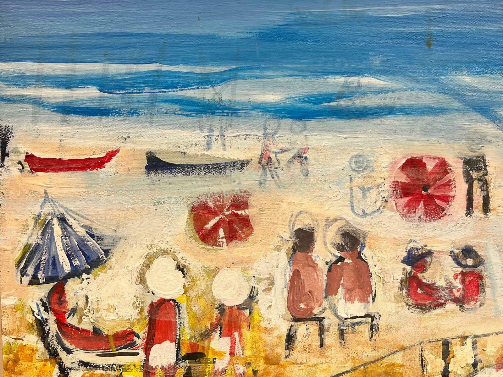 Huguette Ginet Lasnier Busy Beach Summer With Figures On Sand Contemporary French Modernist Oil C. 2000's photo for sale