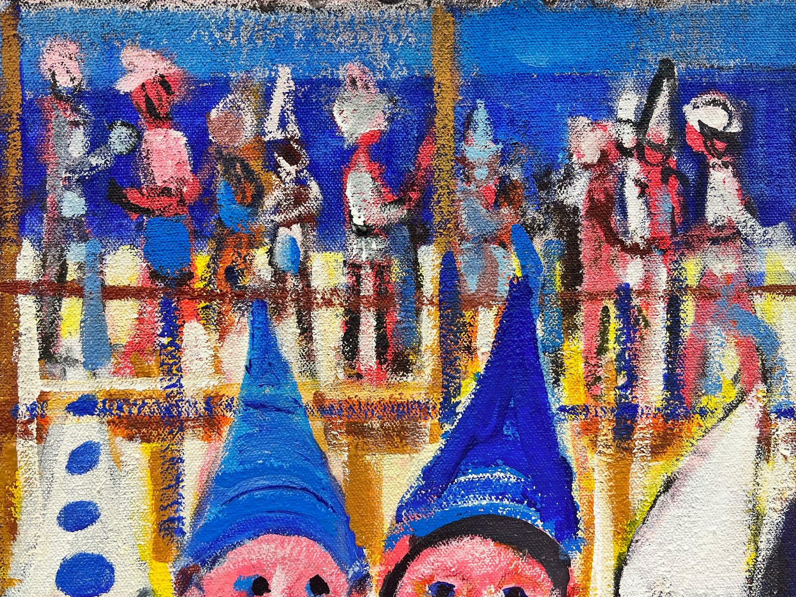 Huguette Ginet Lasnier Busy Beach Scene Children Wearing Hats Hot Summers Day Blue Sea & Sky French Oilc. 2000's photo furniture