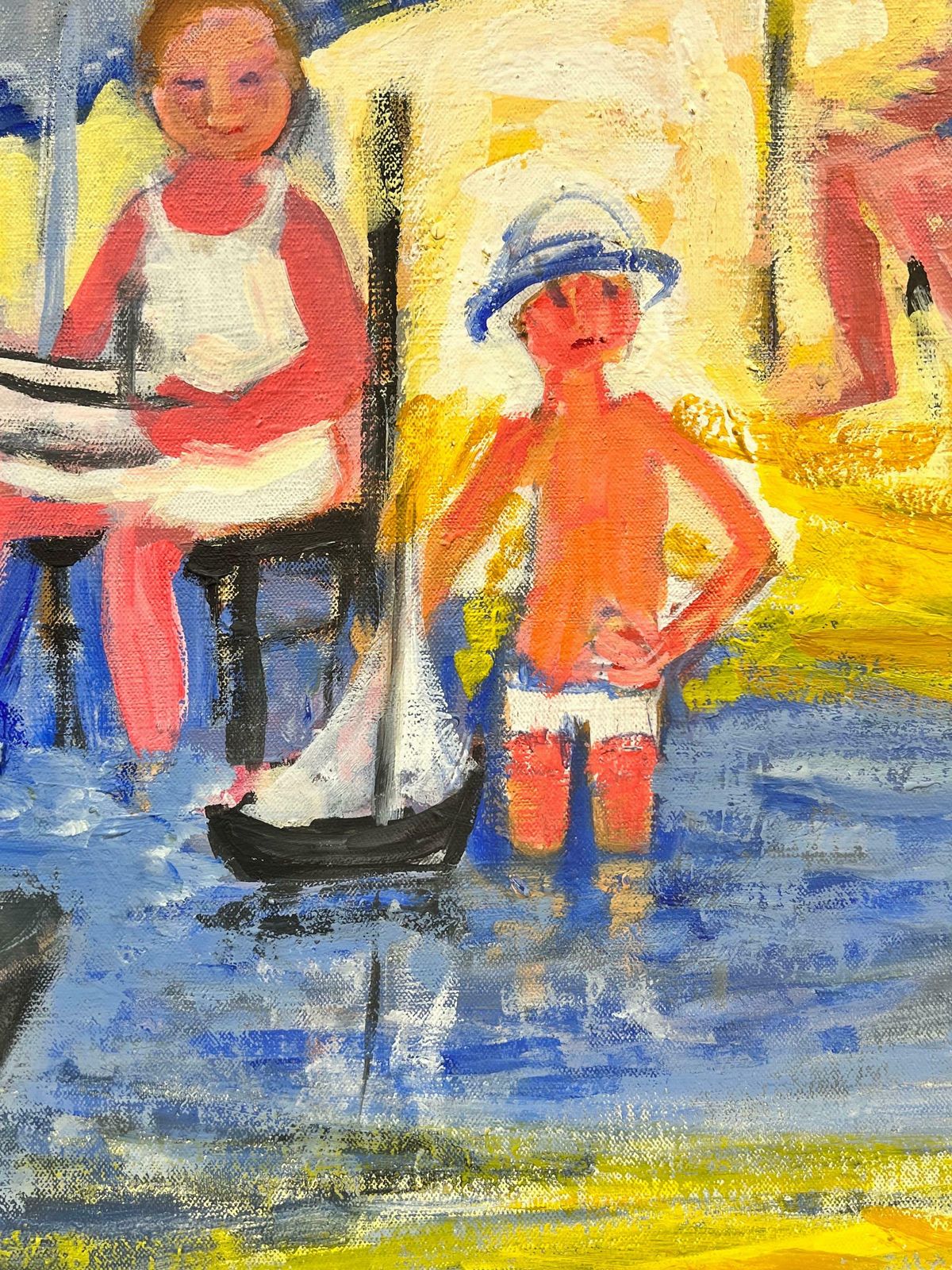 Huguette Ginet Lasnier Family Playing On Beach With Toy Boat French Modernist Oil Painting C. 2000's photo Art