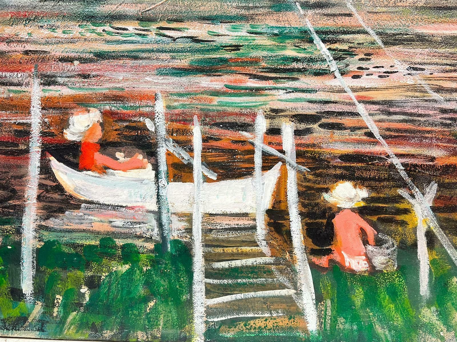 Huguette Ginet Lasnier Figures On River French Modernist Signed Oil Painting Fishing Vacationc. 2000's photo 1526.0
