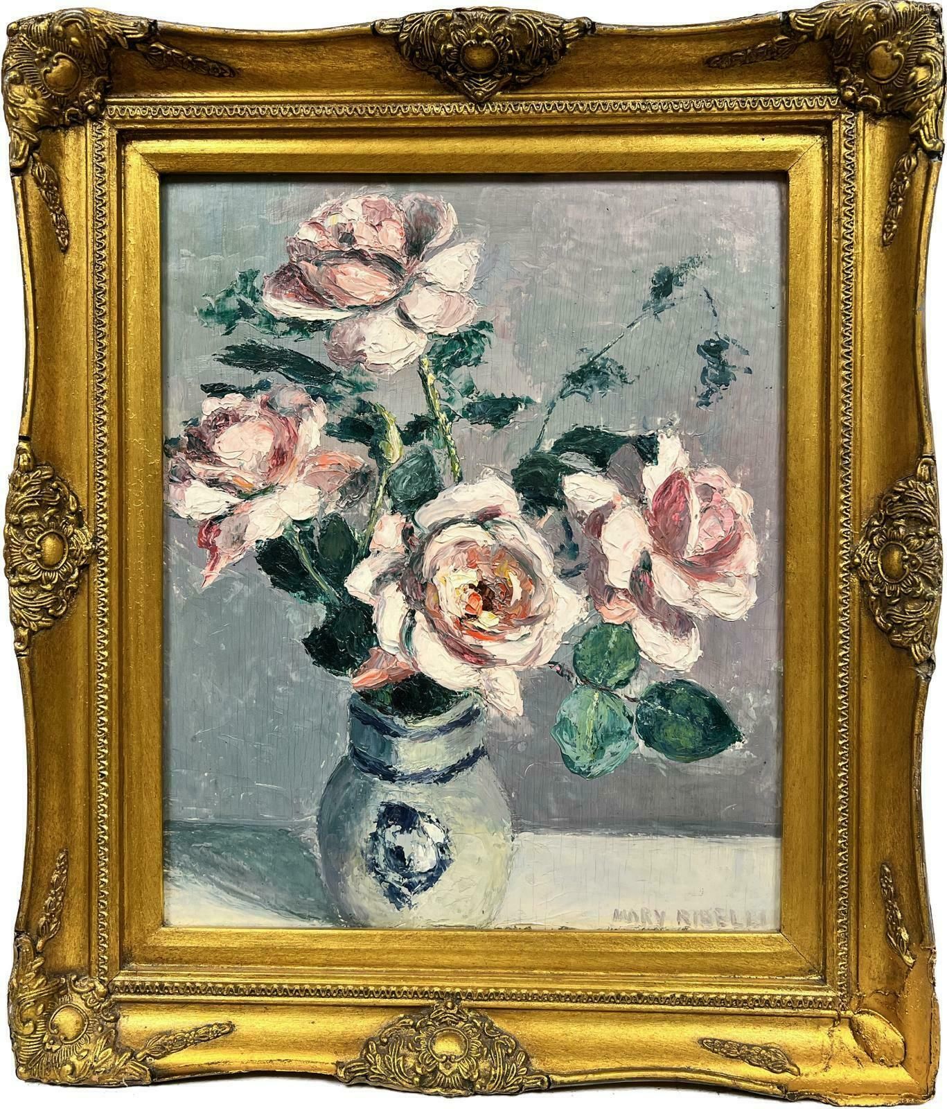 Mary Ribelli1950’s French Impressionist Signed Oil Pink Roses Paris Still Life Gilt Frame1950’s