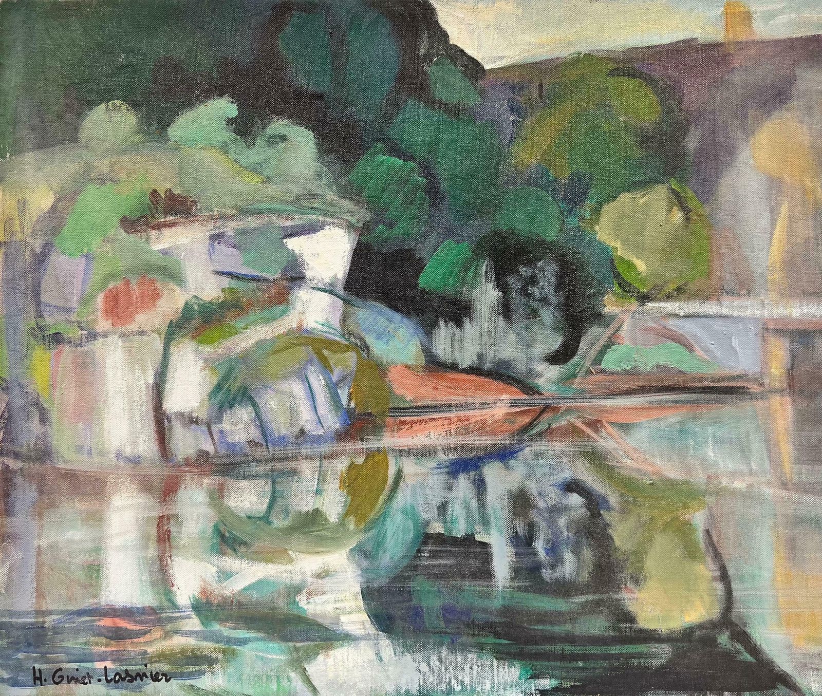 Huguette Ginet Lasnier French Modernist Contemporary Oil Beautiful River Landscape With Reflections C. 2000's