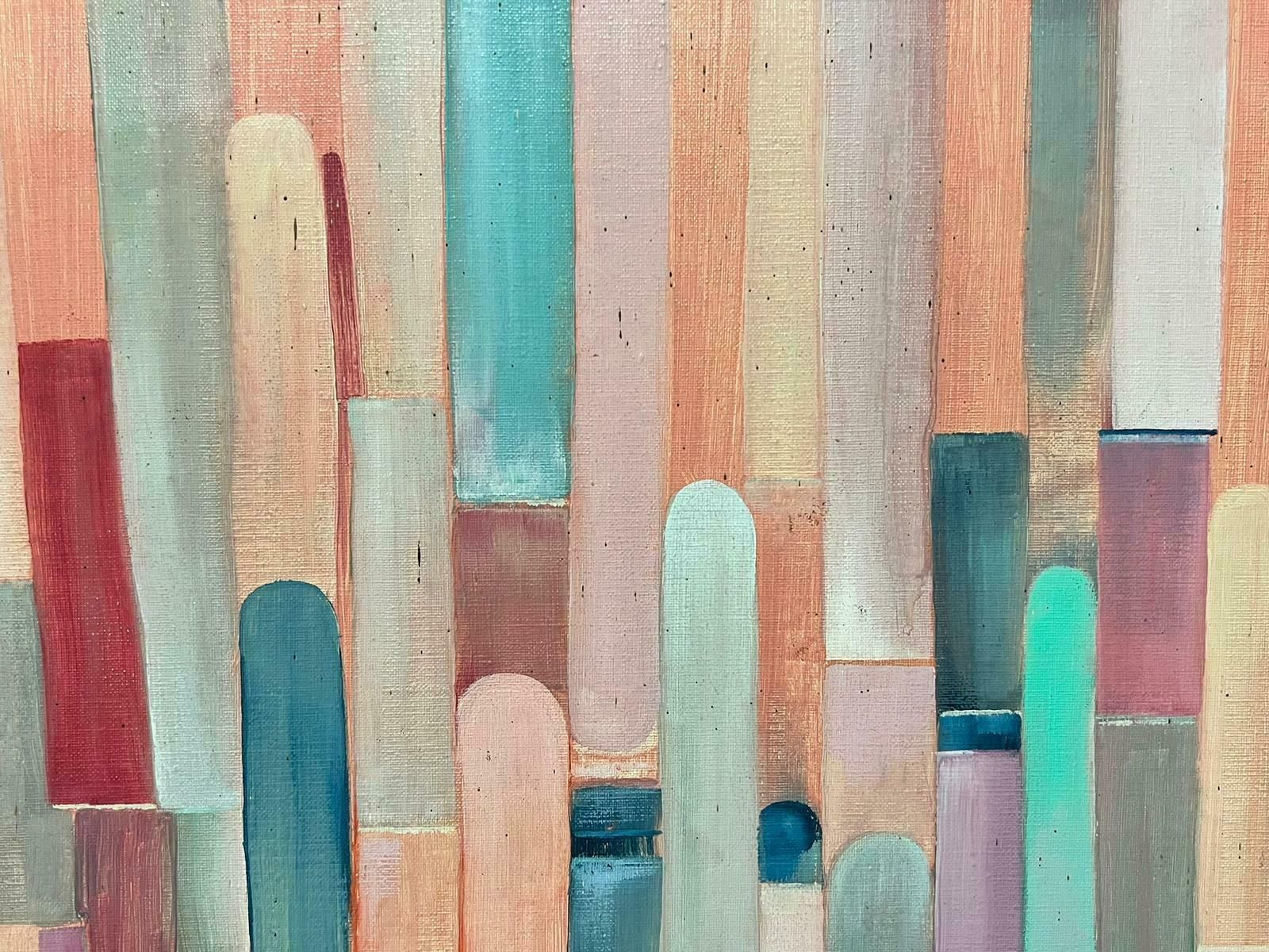 French School1970’s French Abstract Shapes Oil Painting In Pastel Shades Of Color photo for sale