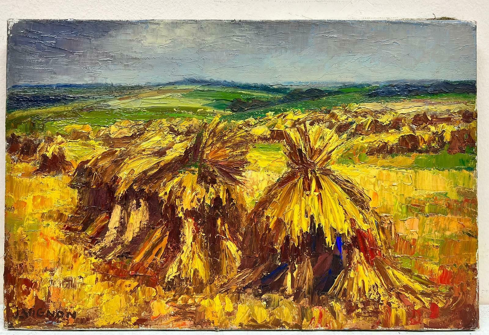 Josine Vignon1960’s French Post Impressionist Signed Oil Golden Wheat Fields Harvest Scene1960's photo furniture