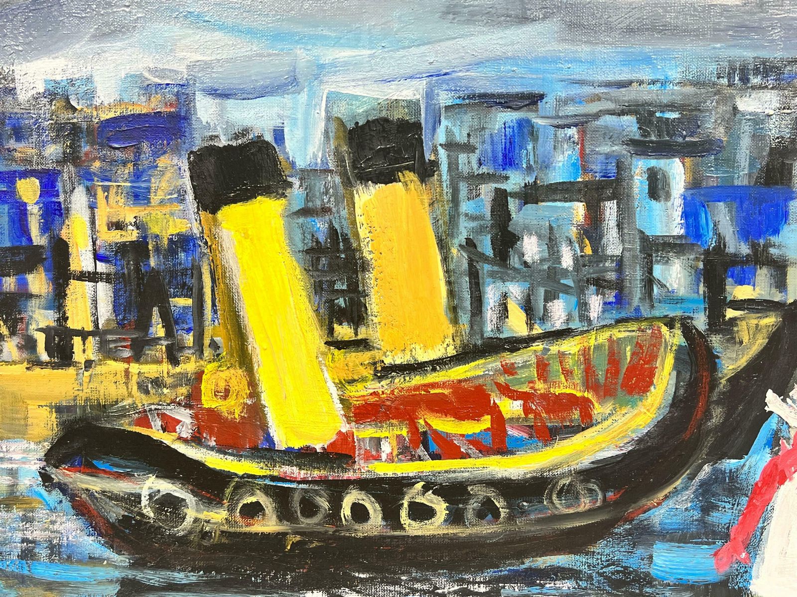 Huguette Ginet Lasnier French Modernist Contemporary Oil Couple With Dog In Harbor With Boatsc. 2000's photo for sale