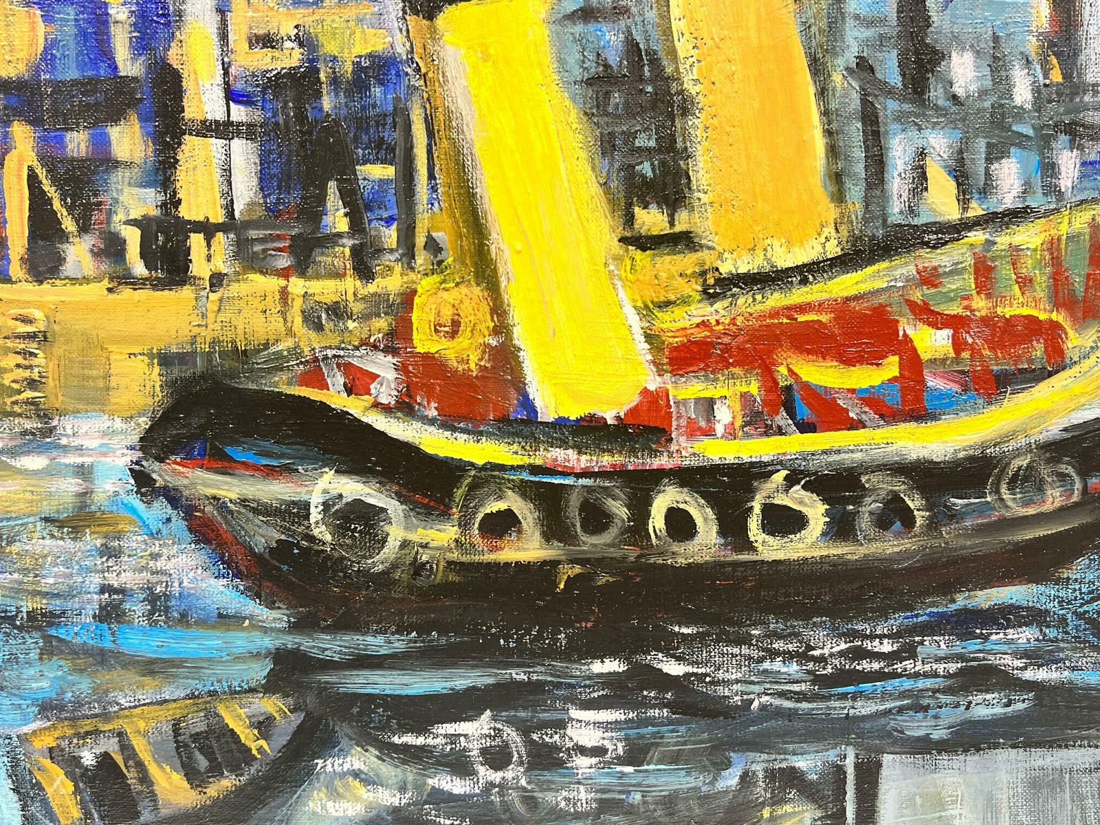 Huguette Ginet Lasnier French Modernist Contemporary Oil Couple With Dog In Harbor With Boatsc. 2000's photo Art