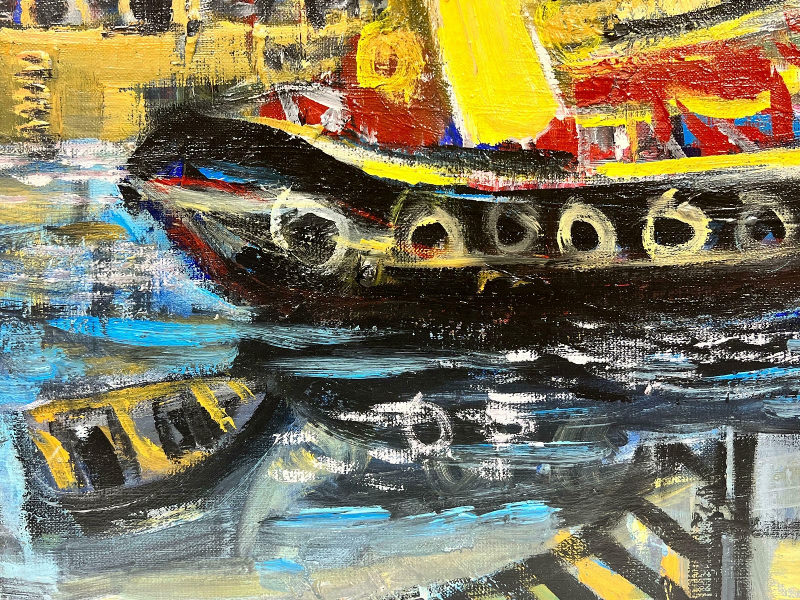 Huguette Ginet Lasnier French Modernist Contemporary Oil Couple With Dog In Harbor With Boatsc. 2000's photo 1736.0