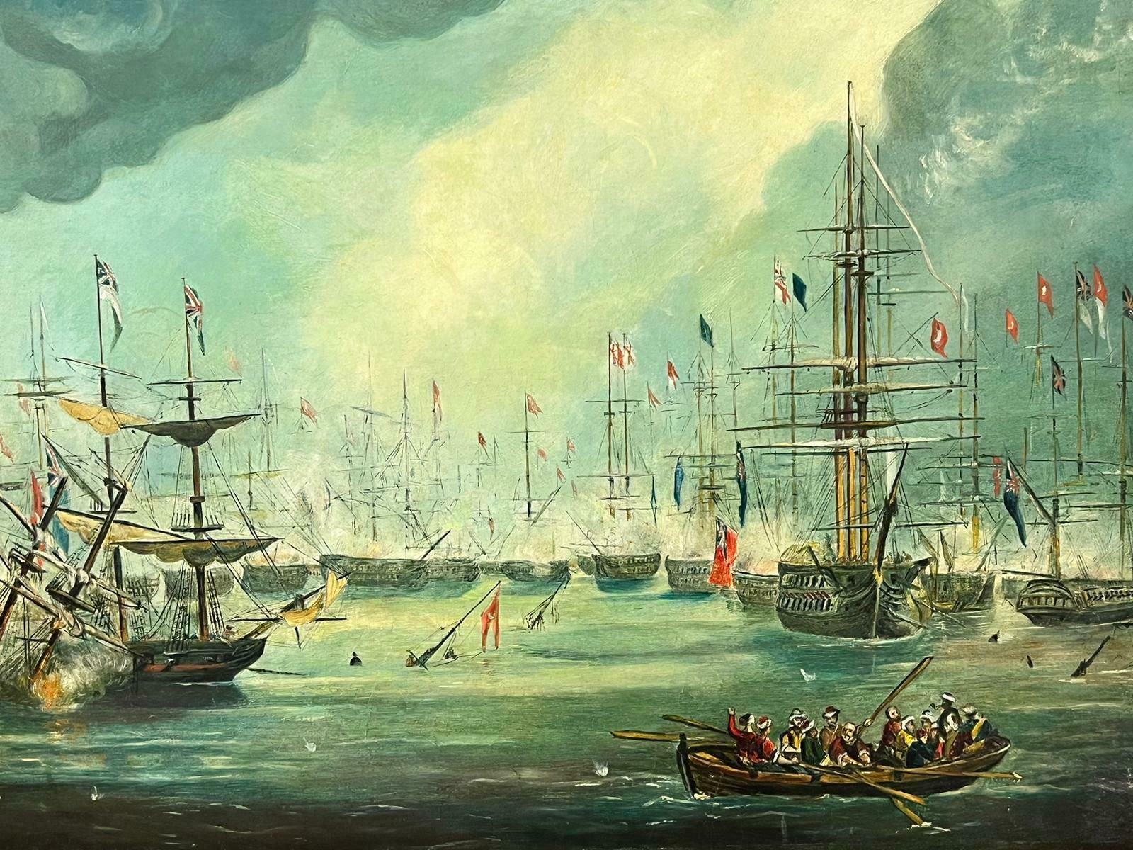 English Marine Oil Naval Battle Engagement At Sea Large Busy Battle Scene Many Ships, Signed Oil photo furniture