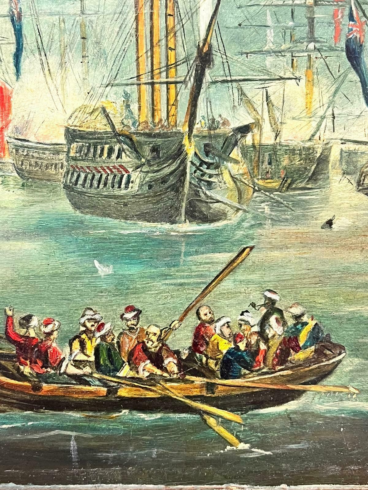 English Marine Oil Naval Battle Engagement At Sea Large Busy Battle Scene Many Ships, Signed Oil photo for sale